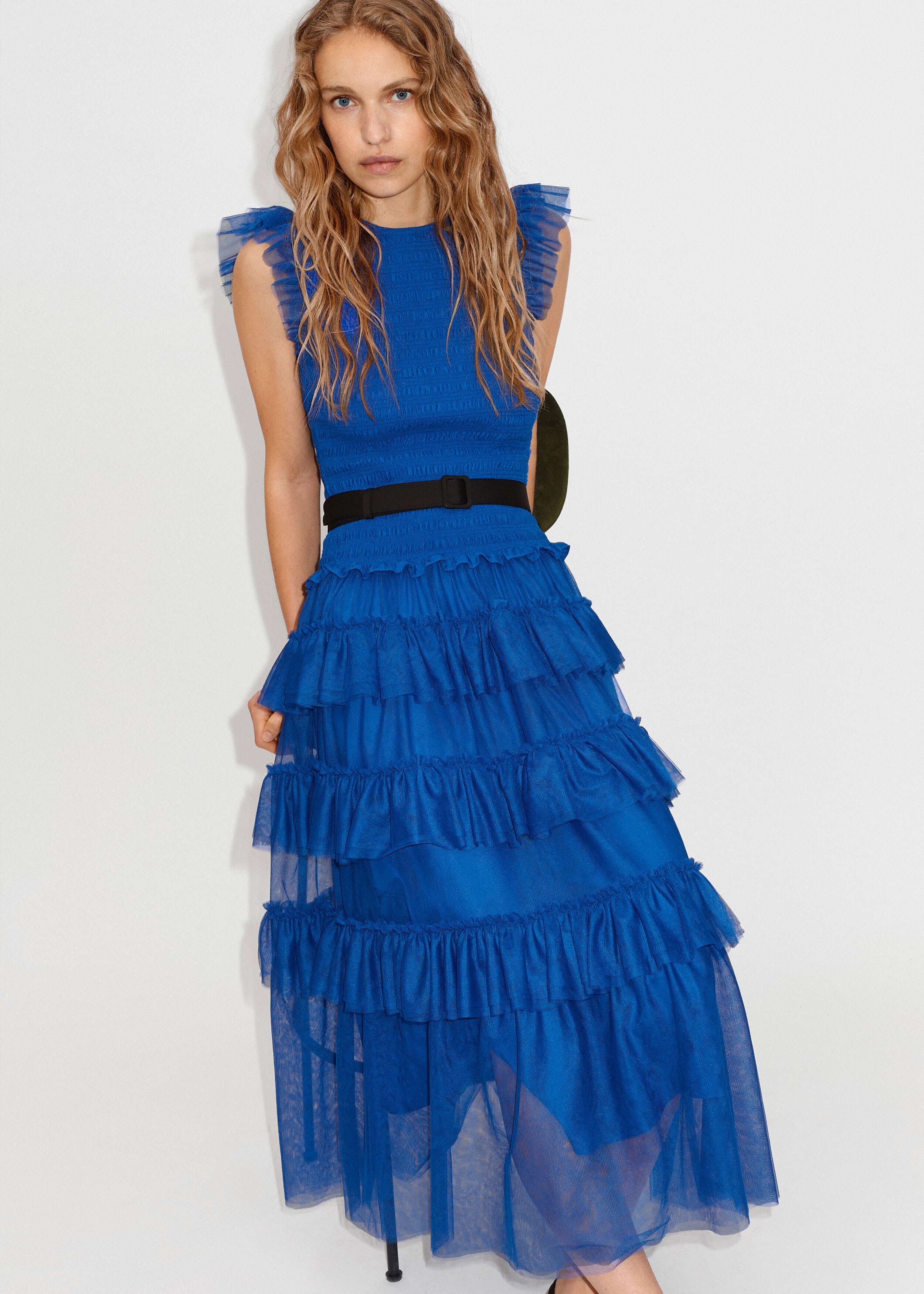 Ethereal Tulle Shirred Maxi Dress + Belt Electric Blue/Black