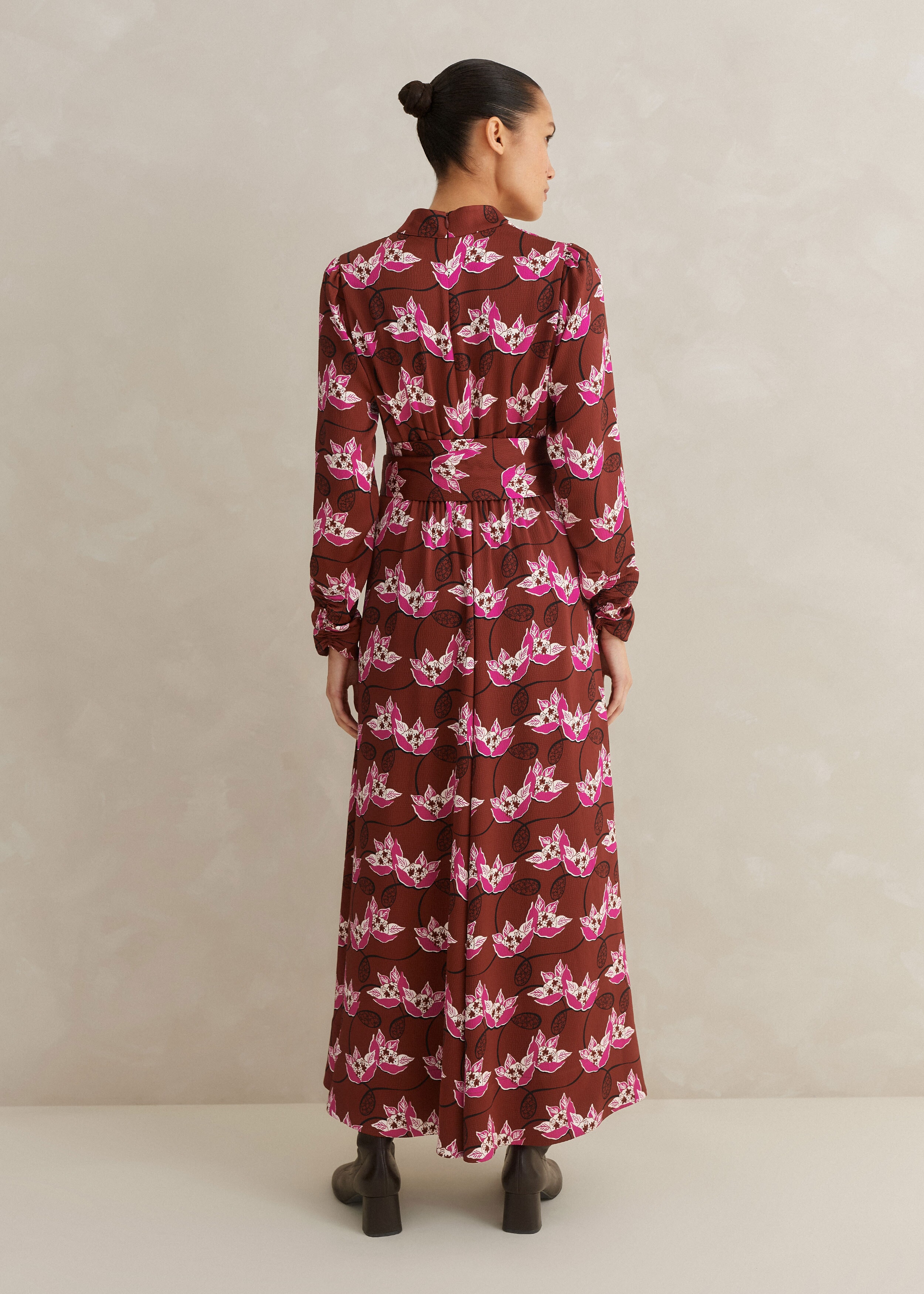 Waterlily Print Maxi Dress + Belt Pecan/Pink/Light Cream