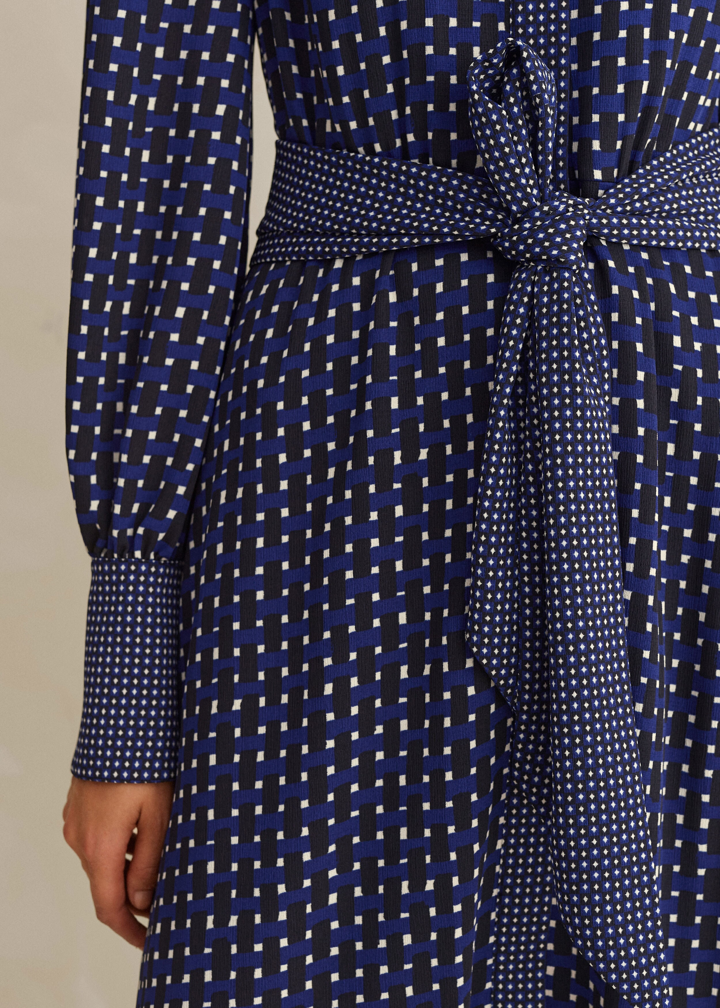 Basket Weave Geo Print Midi Shirt Dress + Belt Navy/Black/Soft White