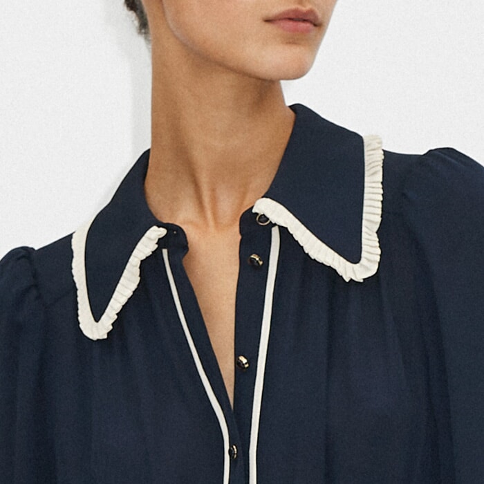 Silk Pleat Collar Maxi Shirt Dress + Belt Navy/Cream