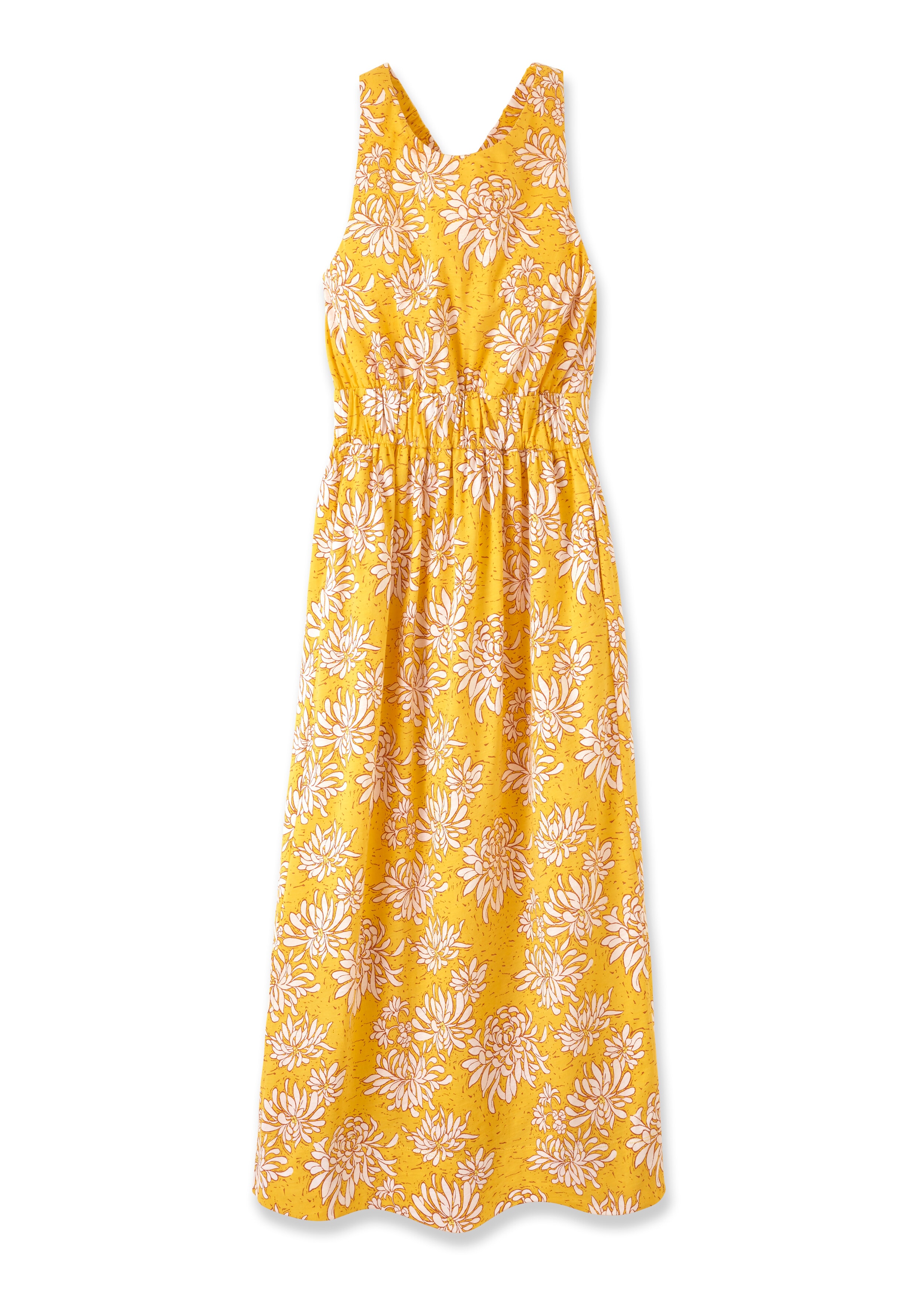 Dahlia Print Gather Detail Midi Dress Yellow/Soft White/Tan