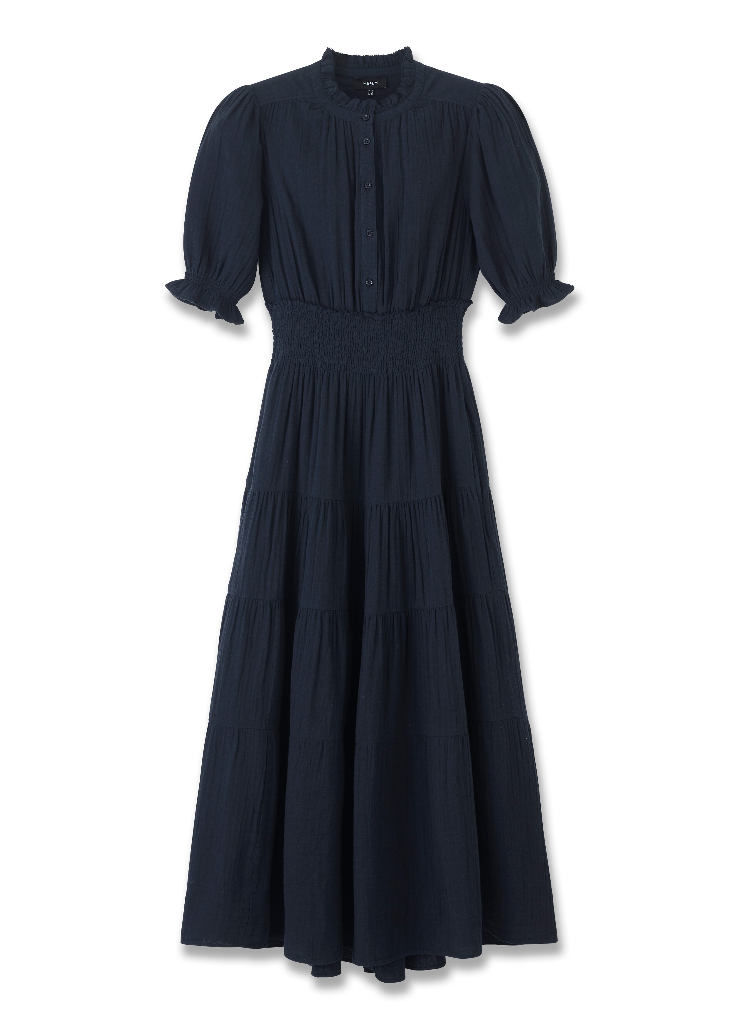 Cheesecloth Shirred Waist Maxi Dress Navy