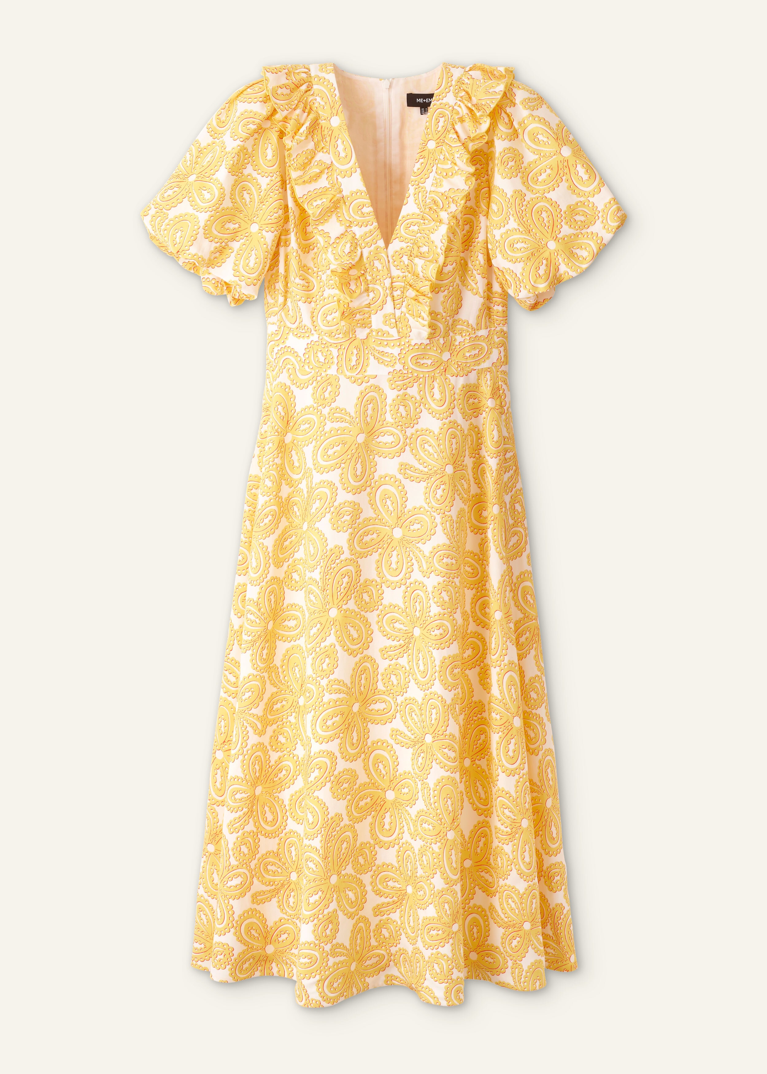 Linen Blend Lace Print Midi Dress Light Cream Yellow Red