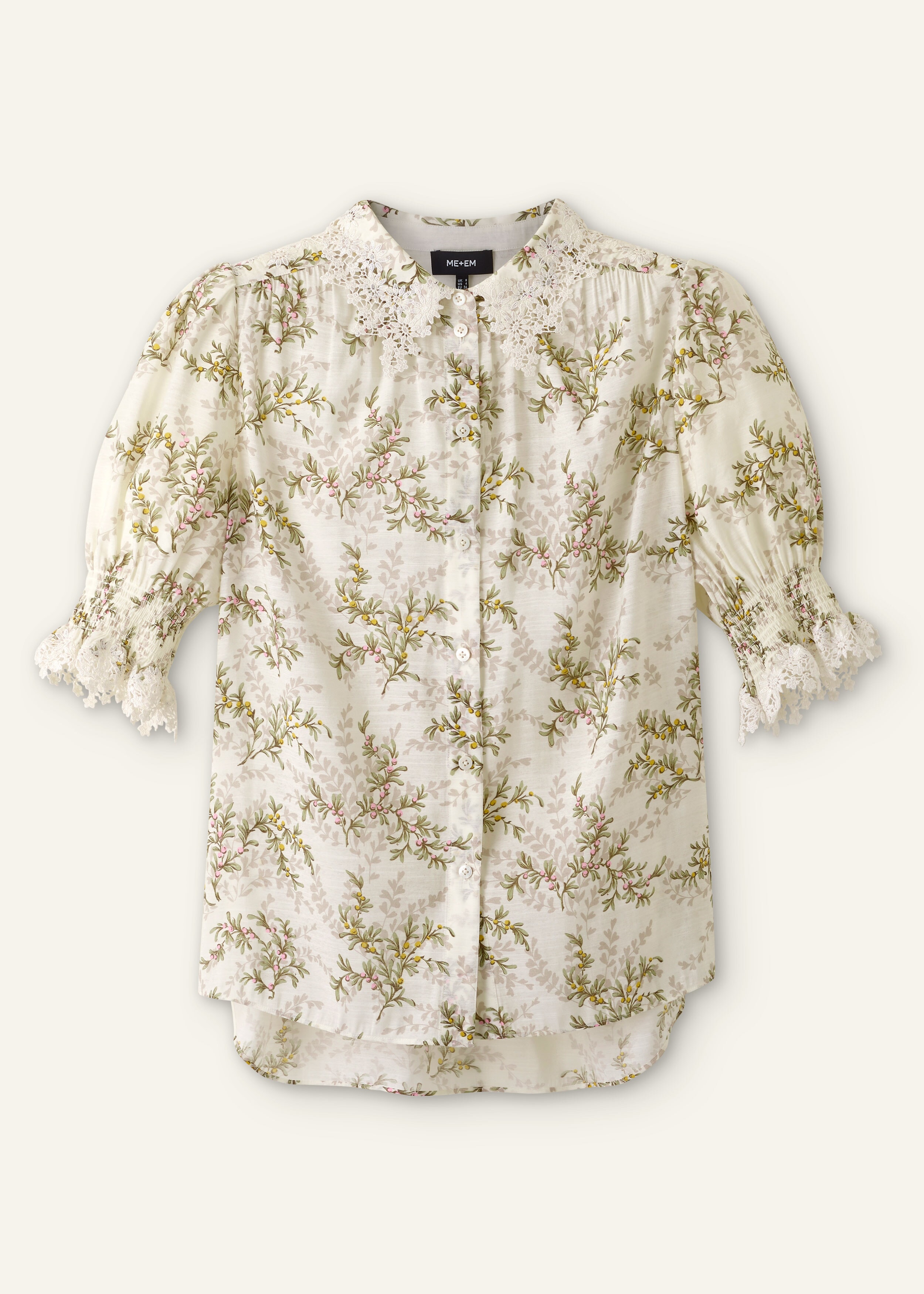 Shadow Berry Print Embroidered Collar Blouse Light Cream/Green/Multi