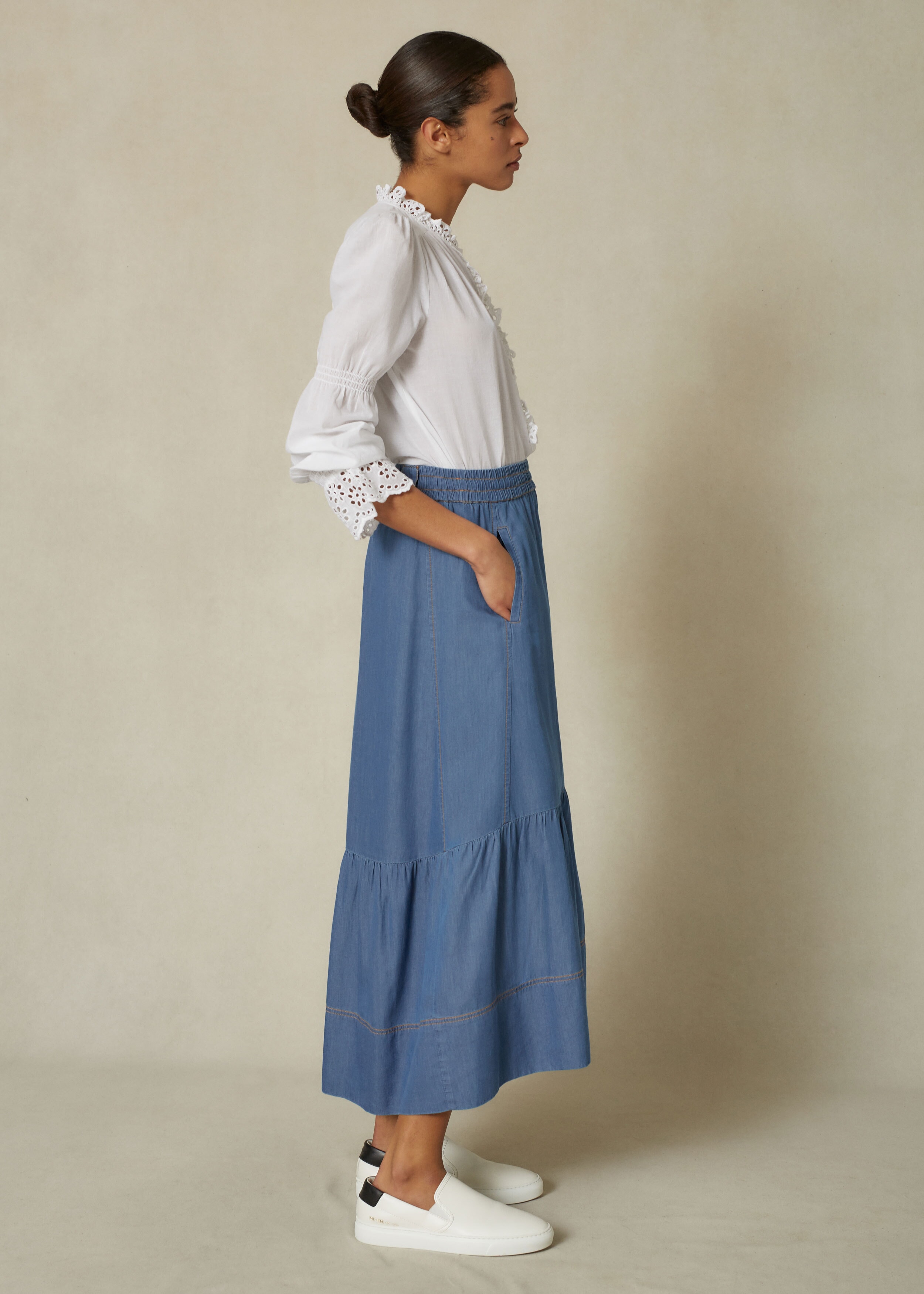 Chambray Denim Skirt + Belt Denim Blue