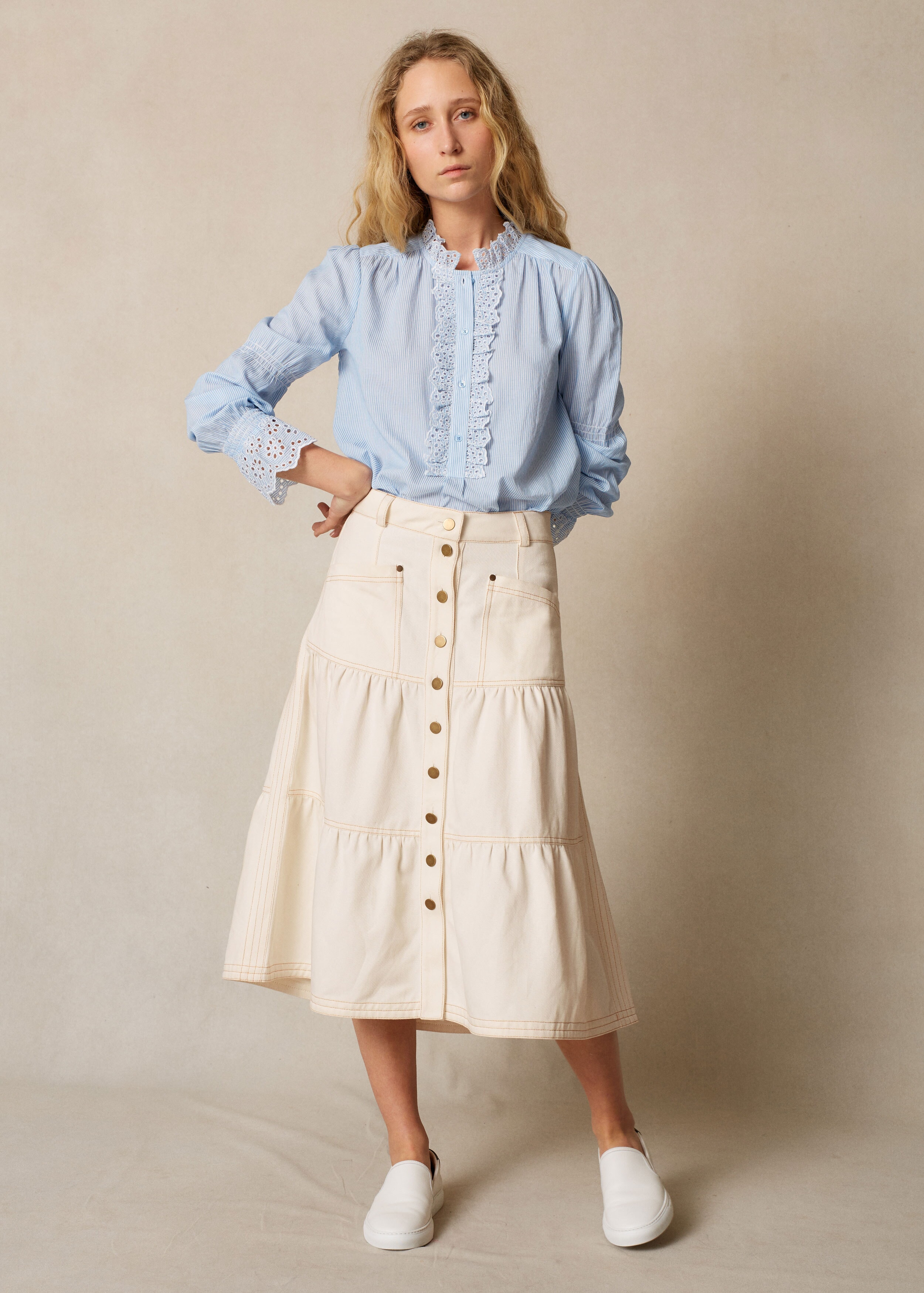 Linen-Blend Contrast Stitch Skirt