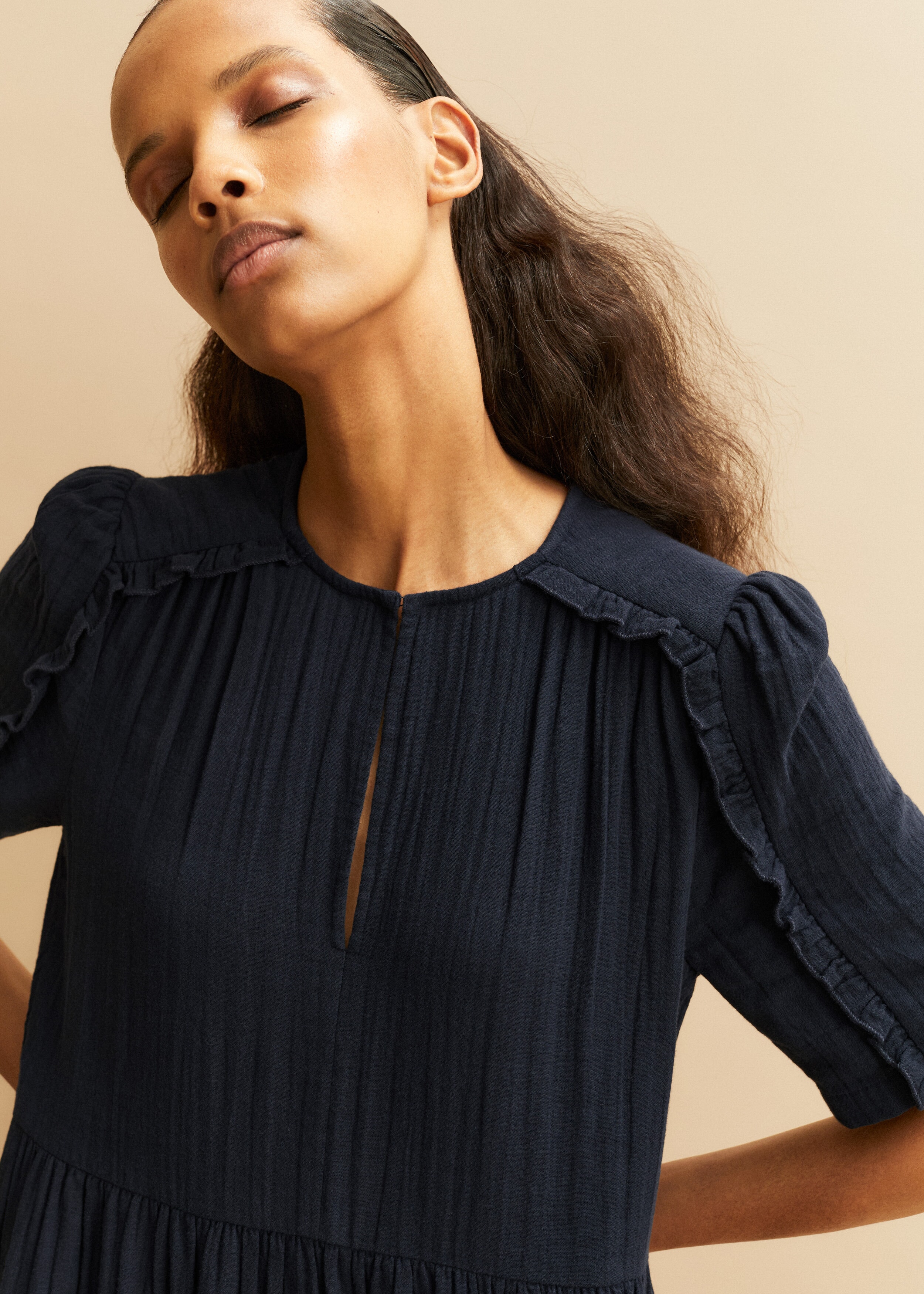 Cheesecloth Relaxed Ruffle Midi Dress Navy