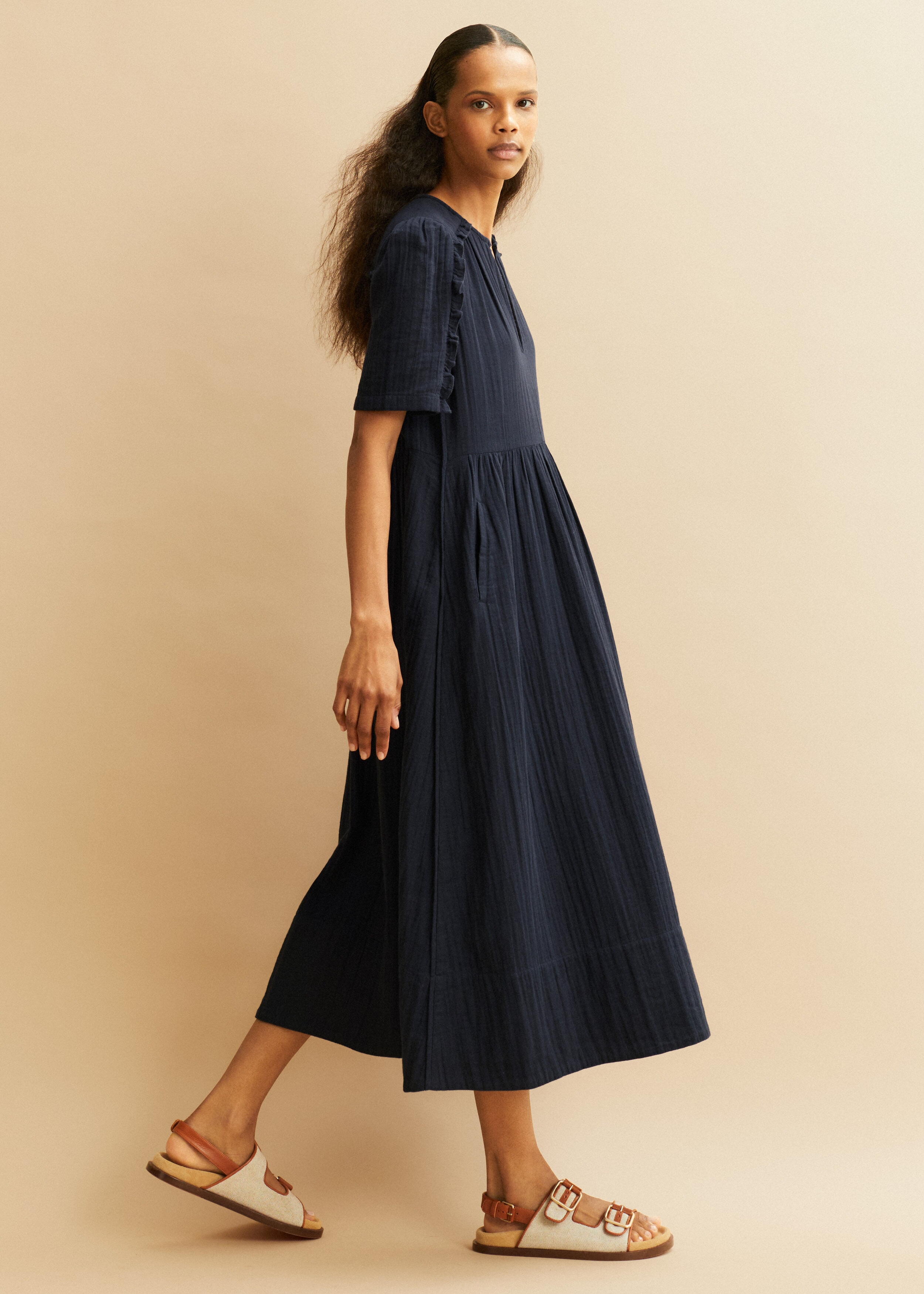 Cheesecloth Relaxed Ruffle Midi Dress Navy
