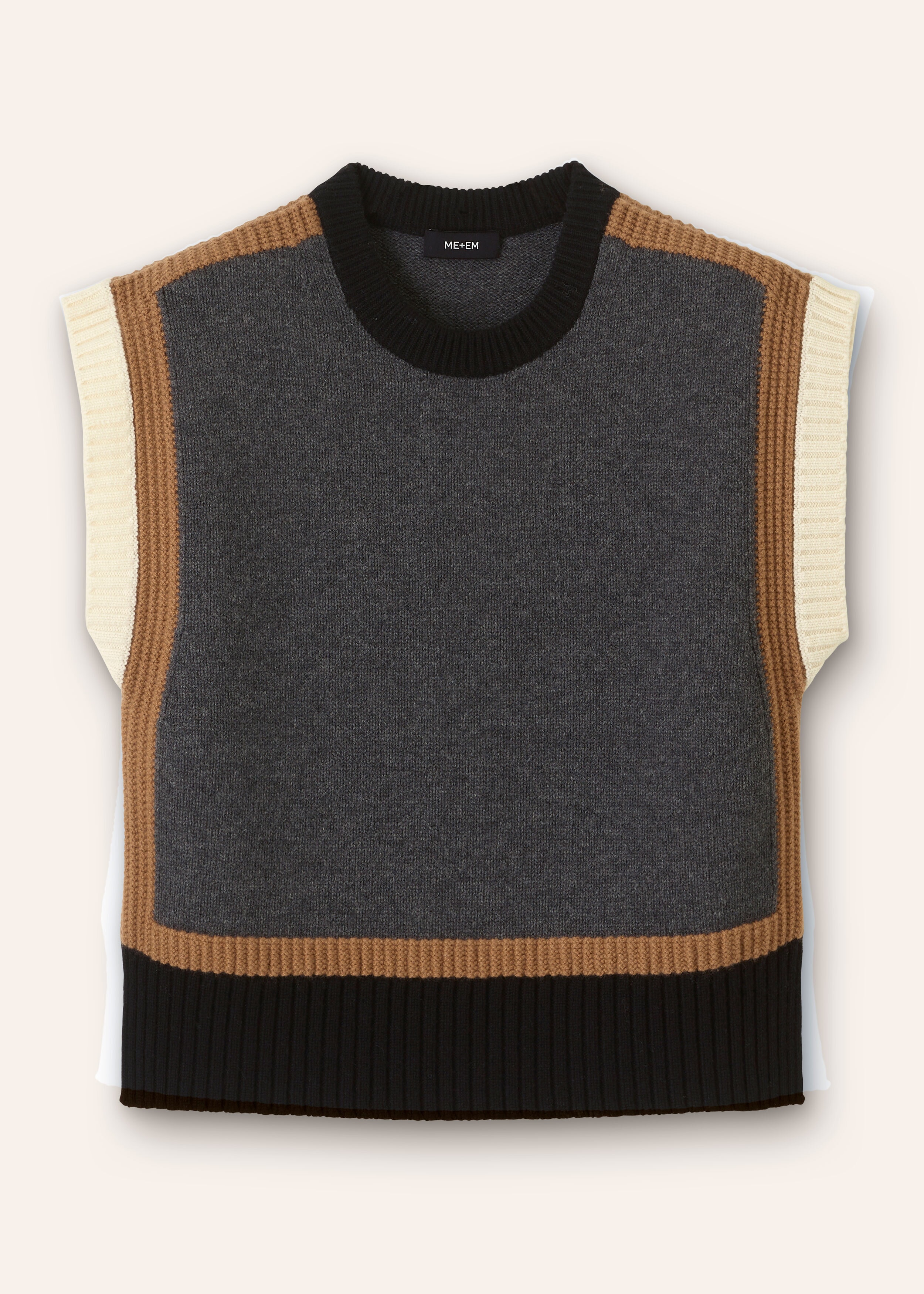 Merino Cashmere Contrast Panel Sweater Vest Charcoal Multi