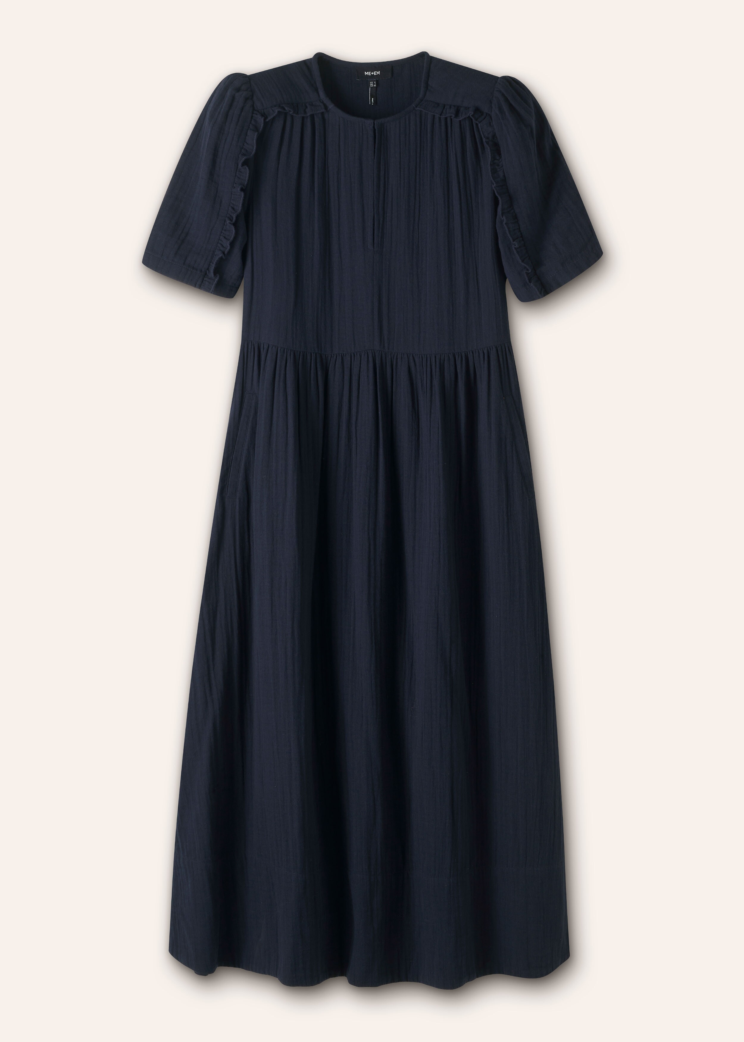 Cheesecloth Relaxed Ruffle Midi Dress Navy