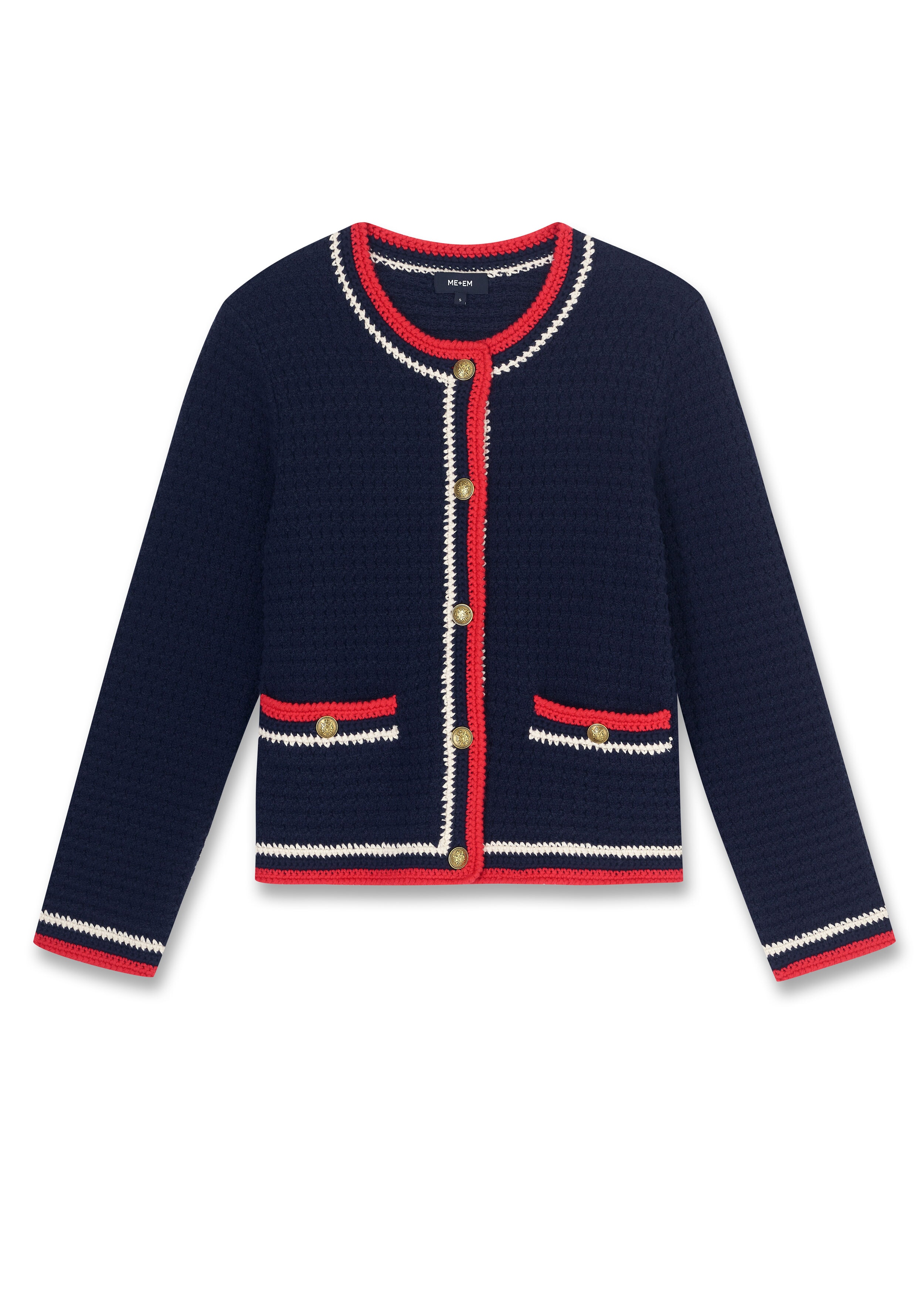 Hand-Crocheted Trim Bouclé Jacket Navy/Red/Cream