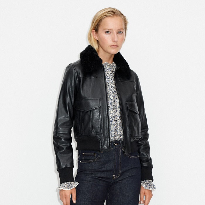 Leather 2-In-1 Relaxed Bomber Jacket Black