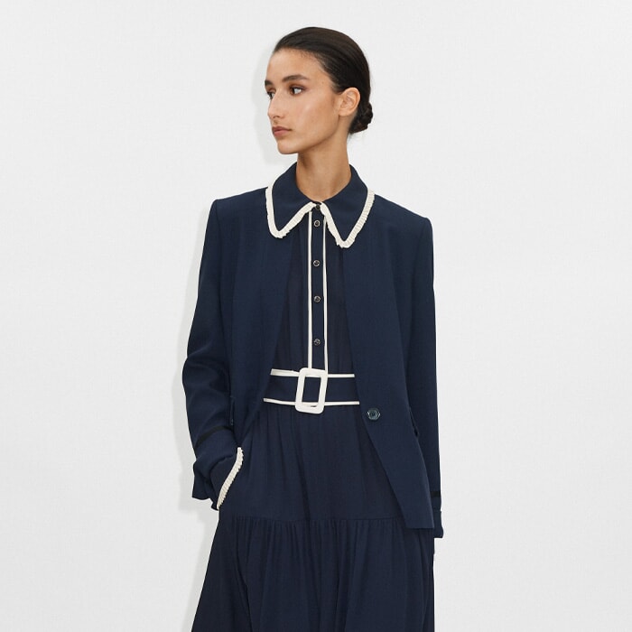 Silk Pleat Collar Maxi Shirt Dress + Belt Navy/Cream