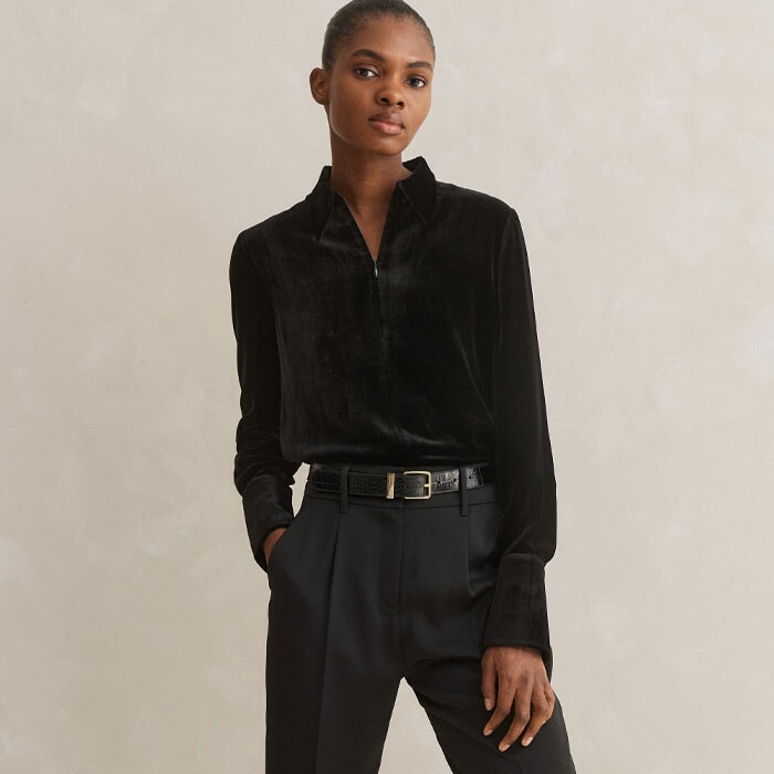 Silk-Blend Velvet Longline Shirt Black