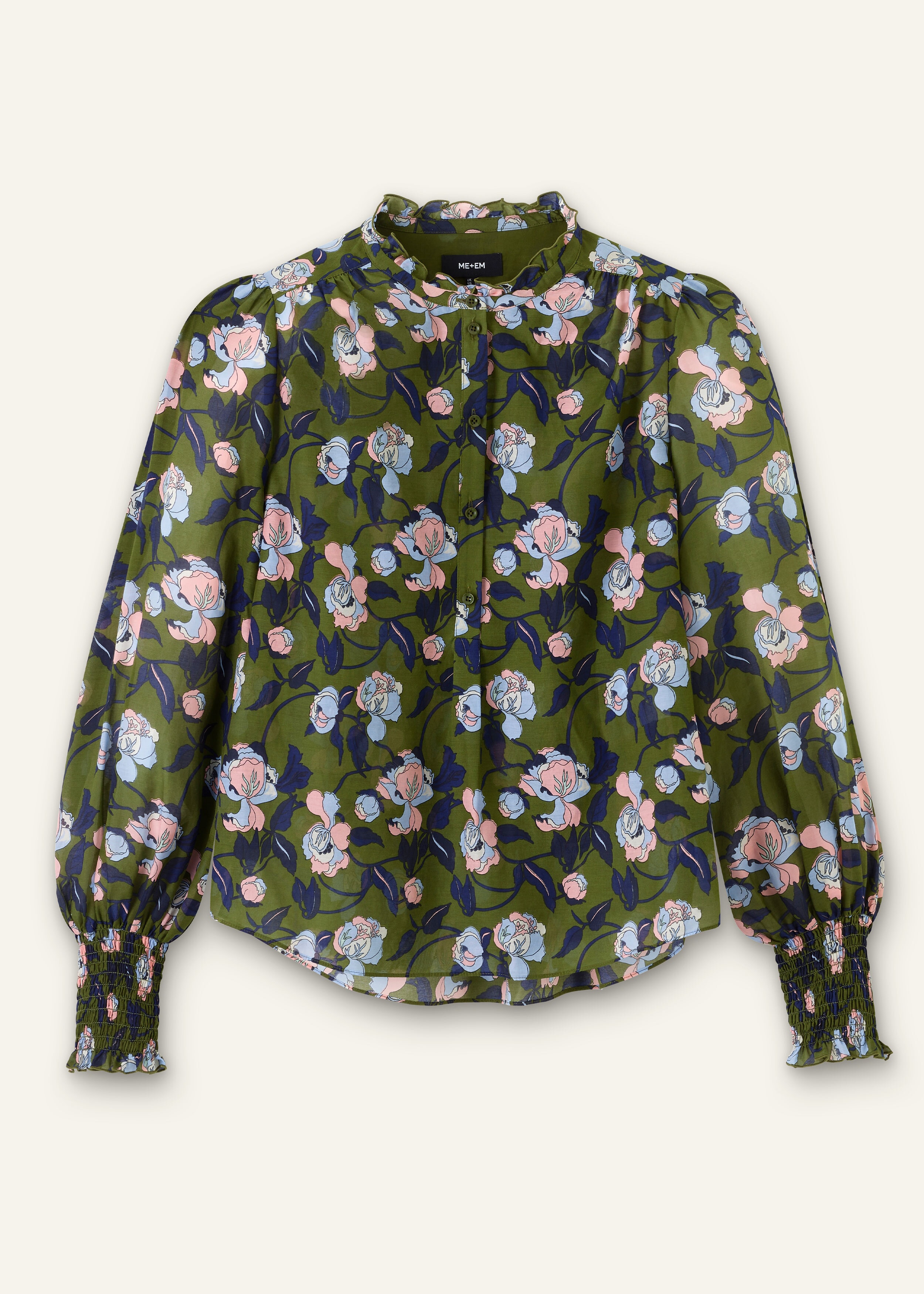 Silk Cotton Rose Print Blouse Olive/Navy/Pink