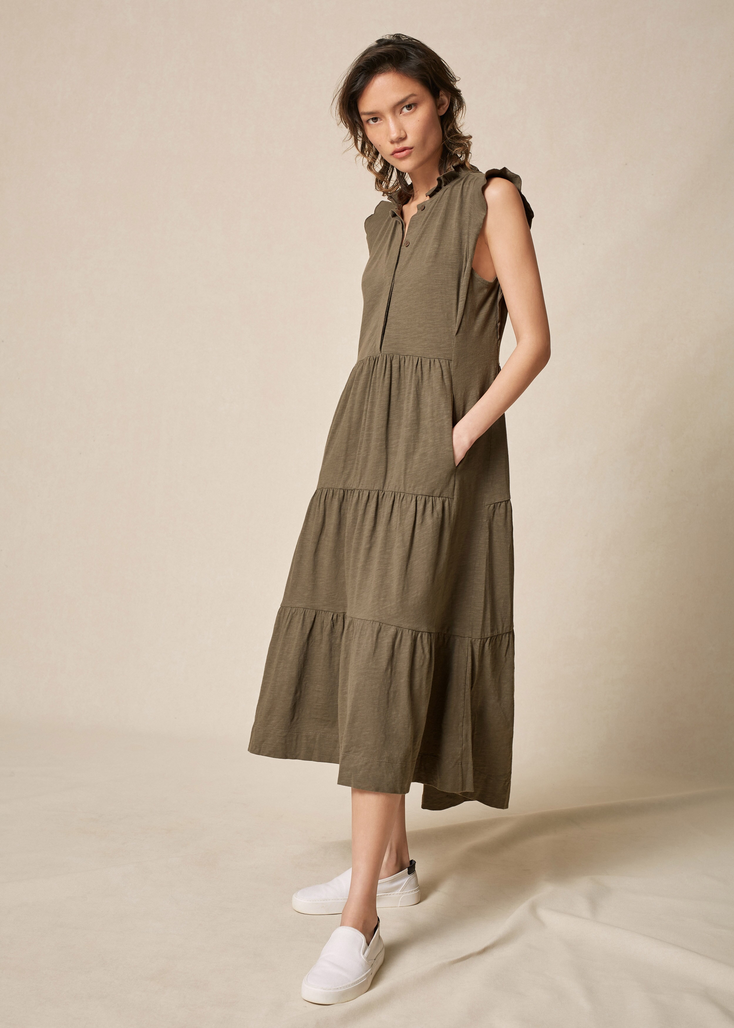 Frill Detail Cotton Midi Dress Washed Khaki