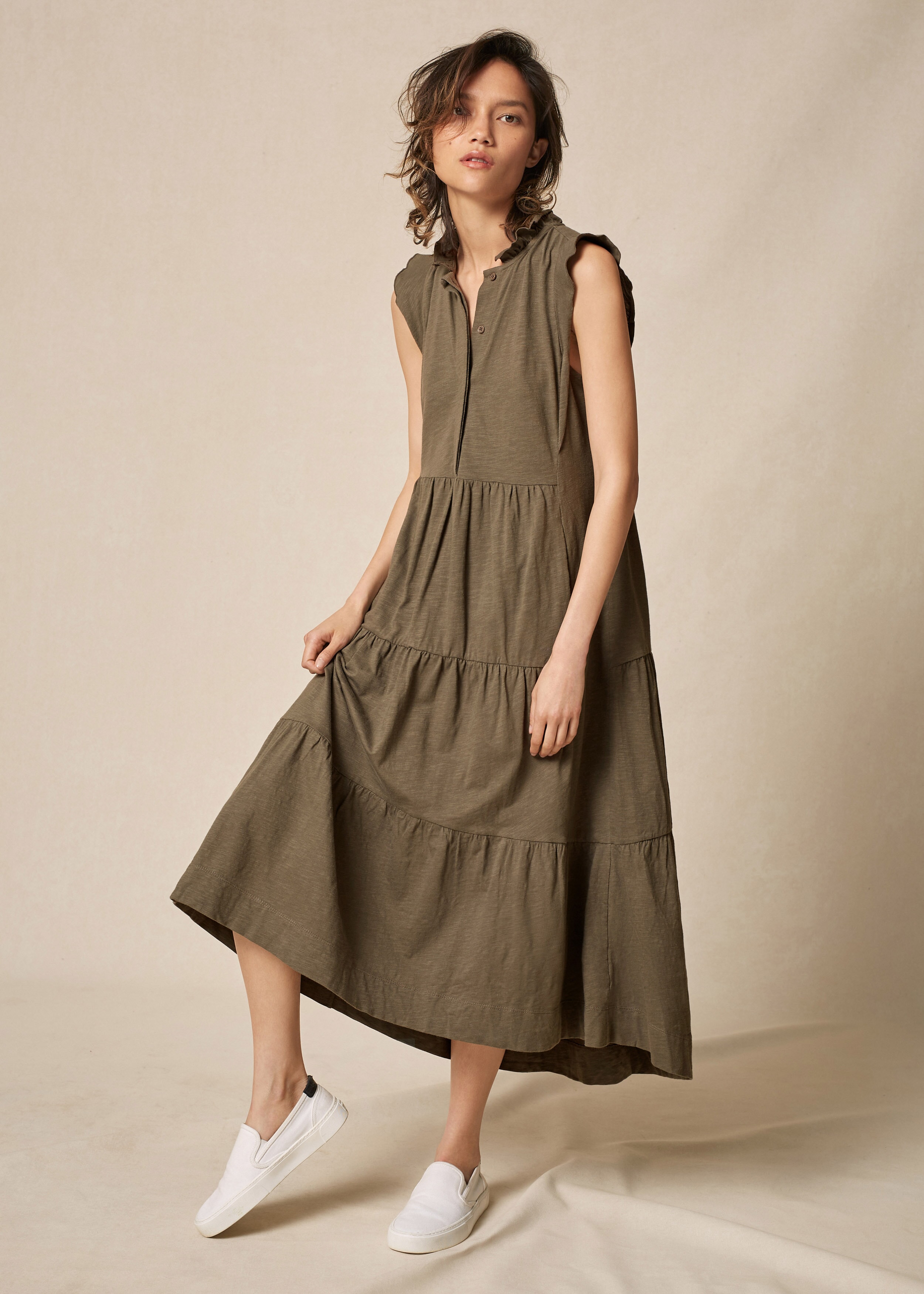 Frill Detail Cotton Midi Dress Washed Khaki