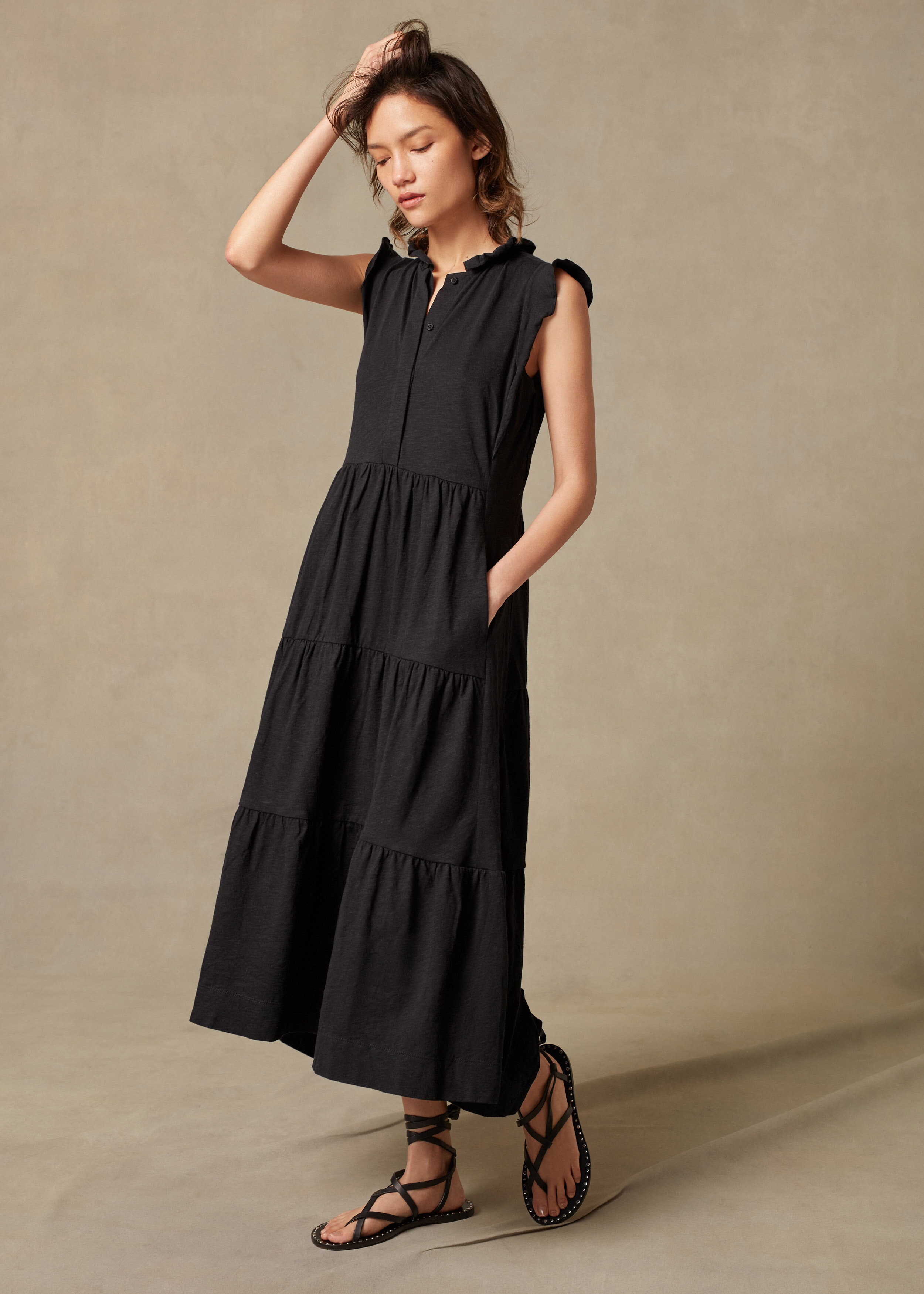 Frill Detail Cotton Midi Dress Black