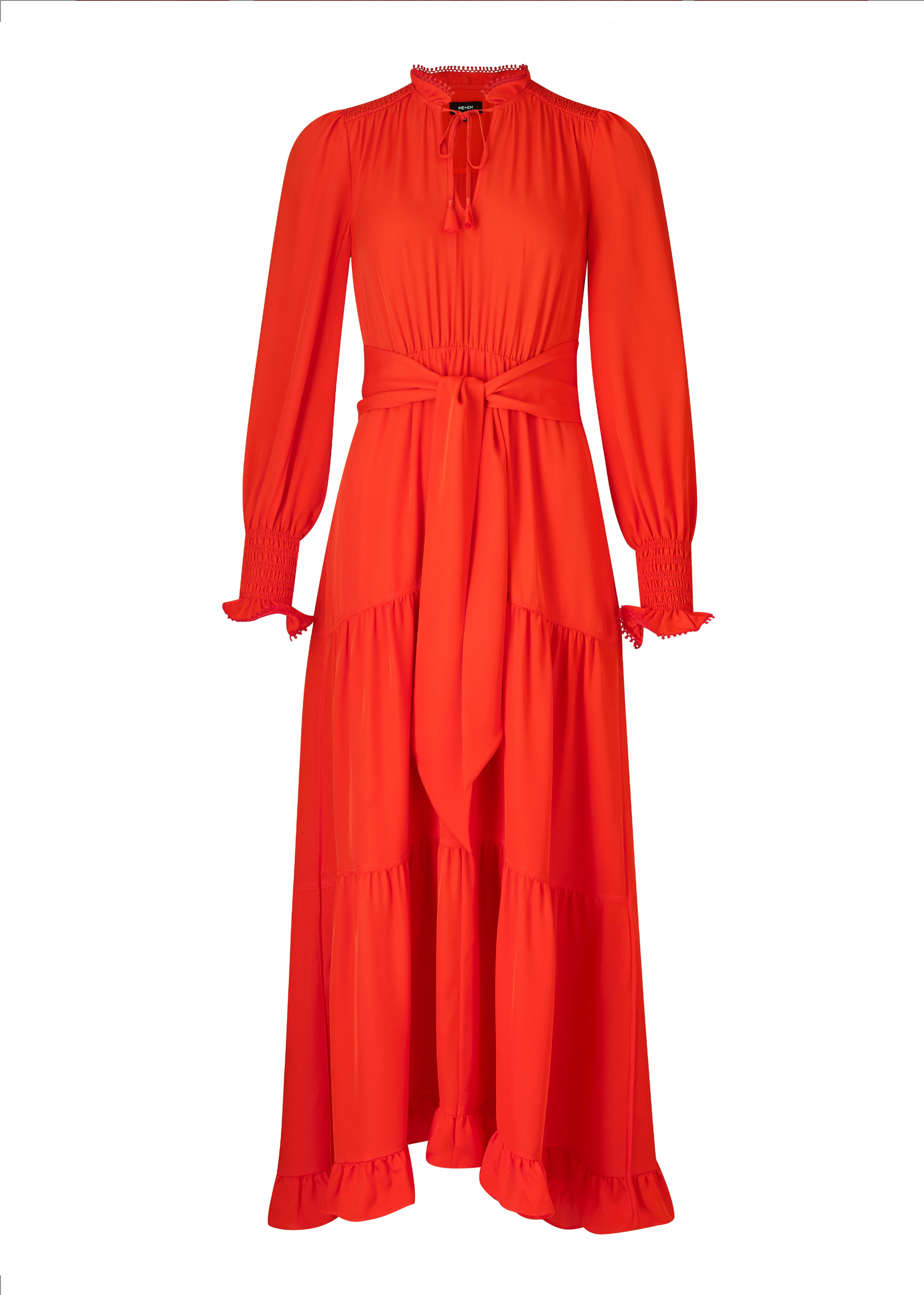 Silk Feminine V Neck Frill Dress + Belt Burnt Orange