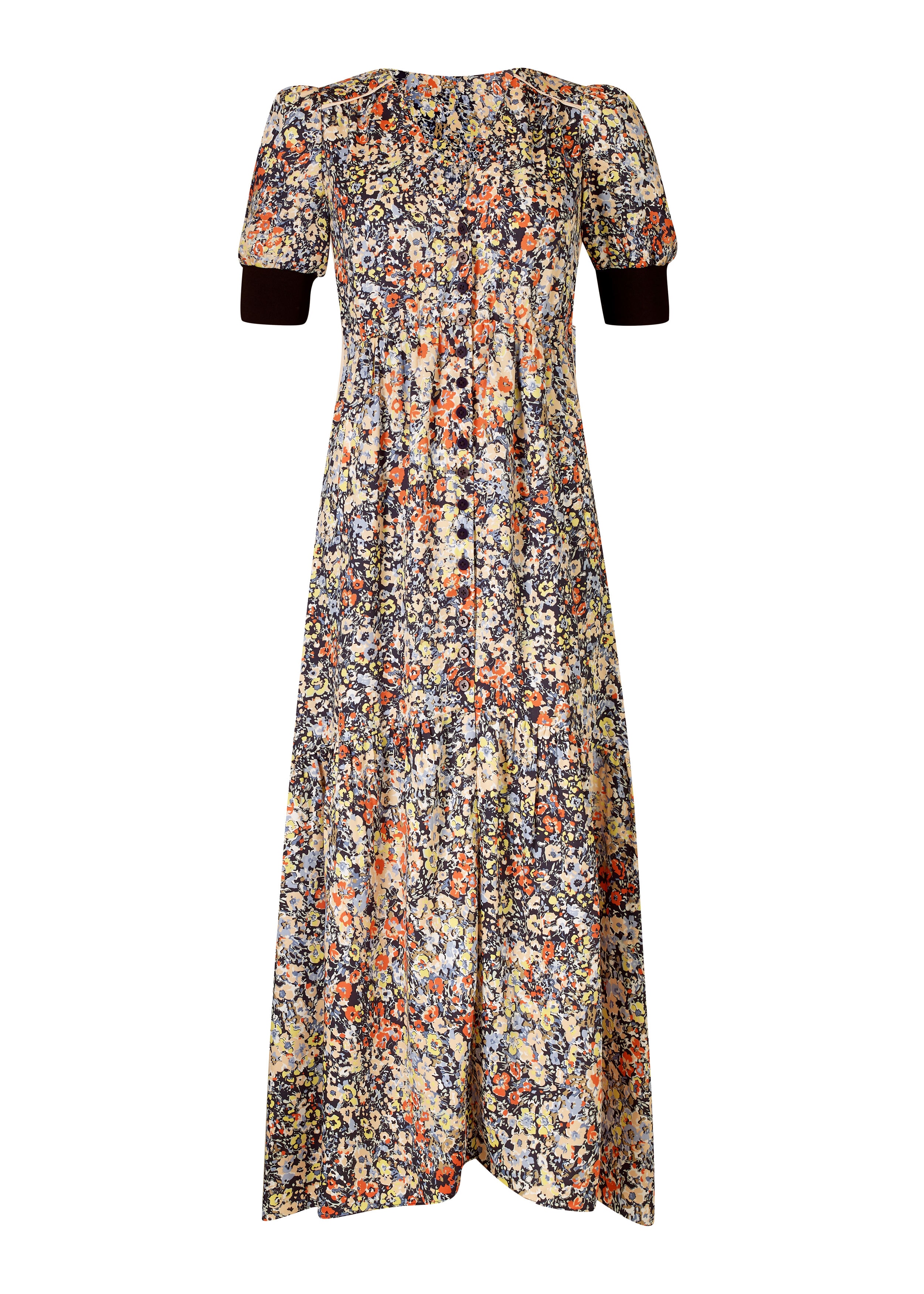 Hand-Painted Floral Midi Tea Dress + Belt Washed Peach/Yellow/Burnt ...