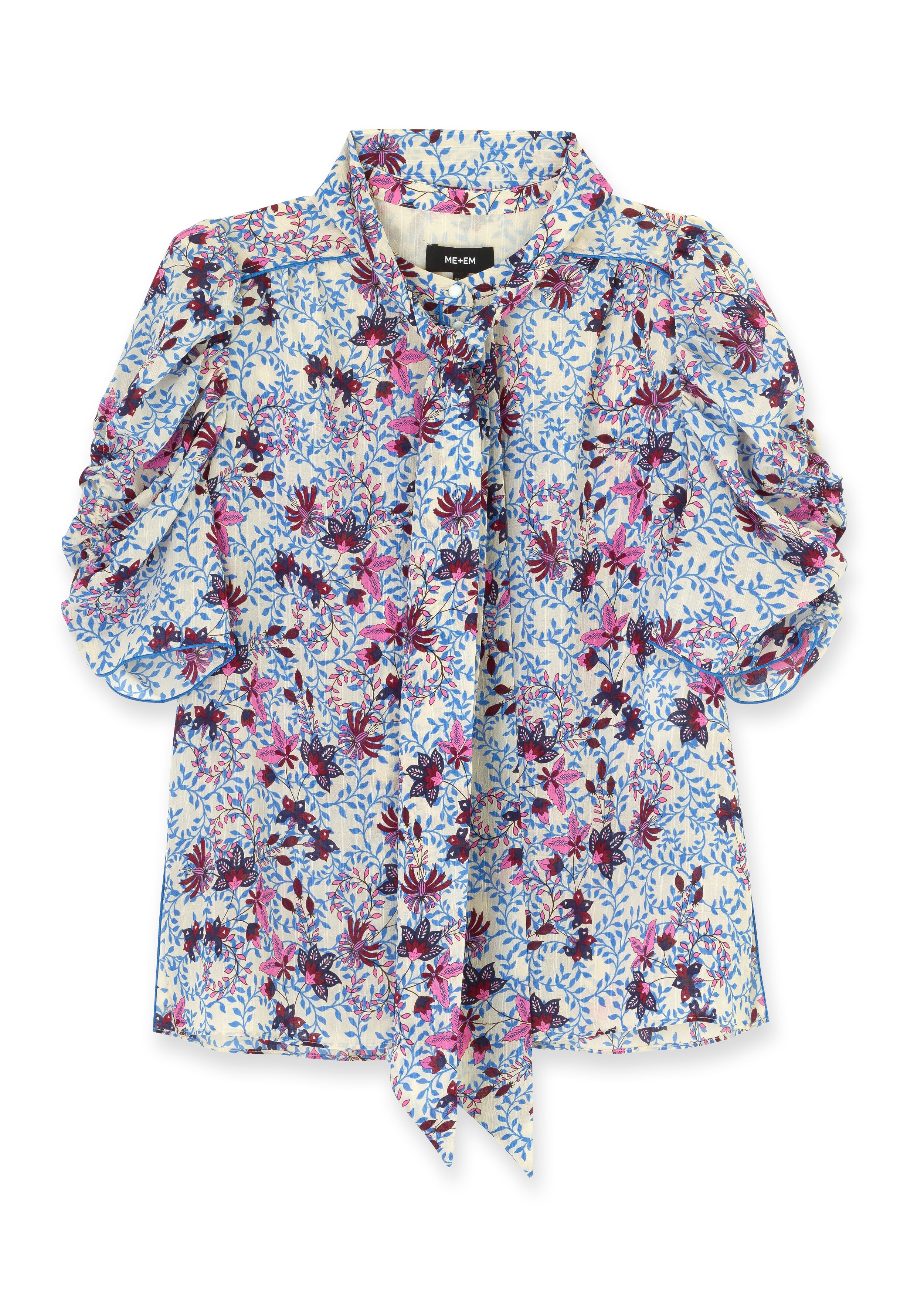 Wild Meadow Print Ruched Sleeve Blouse + Tie Cream/Blue/Pink