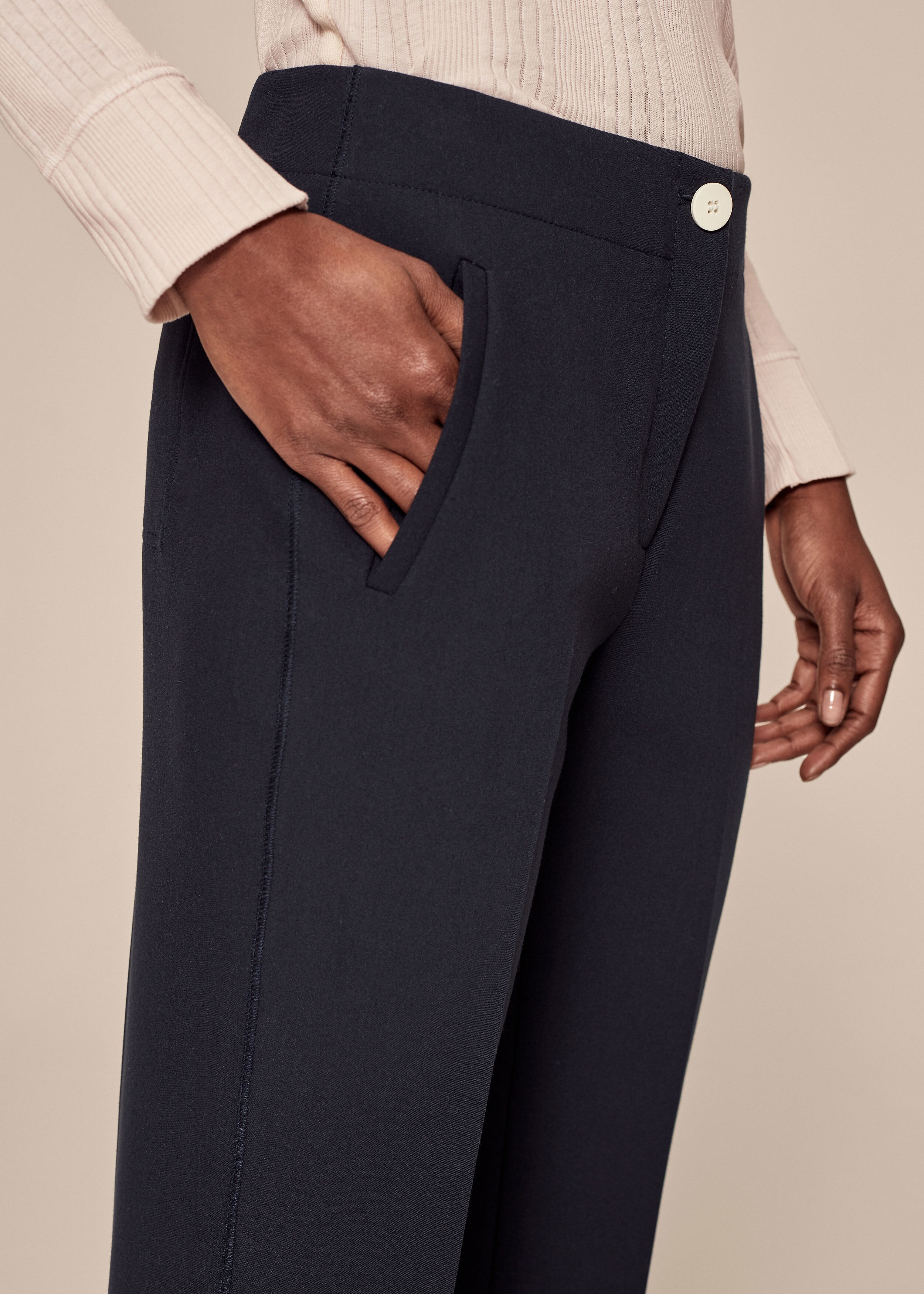 Button Cuff Straight Crop Trouser Navy