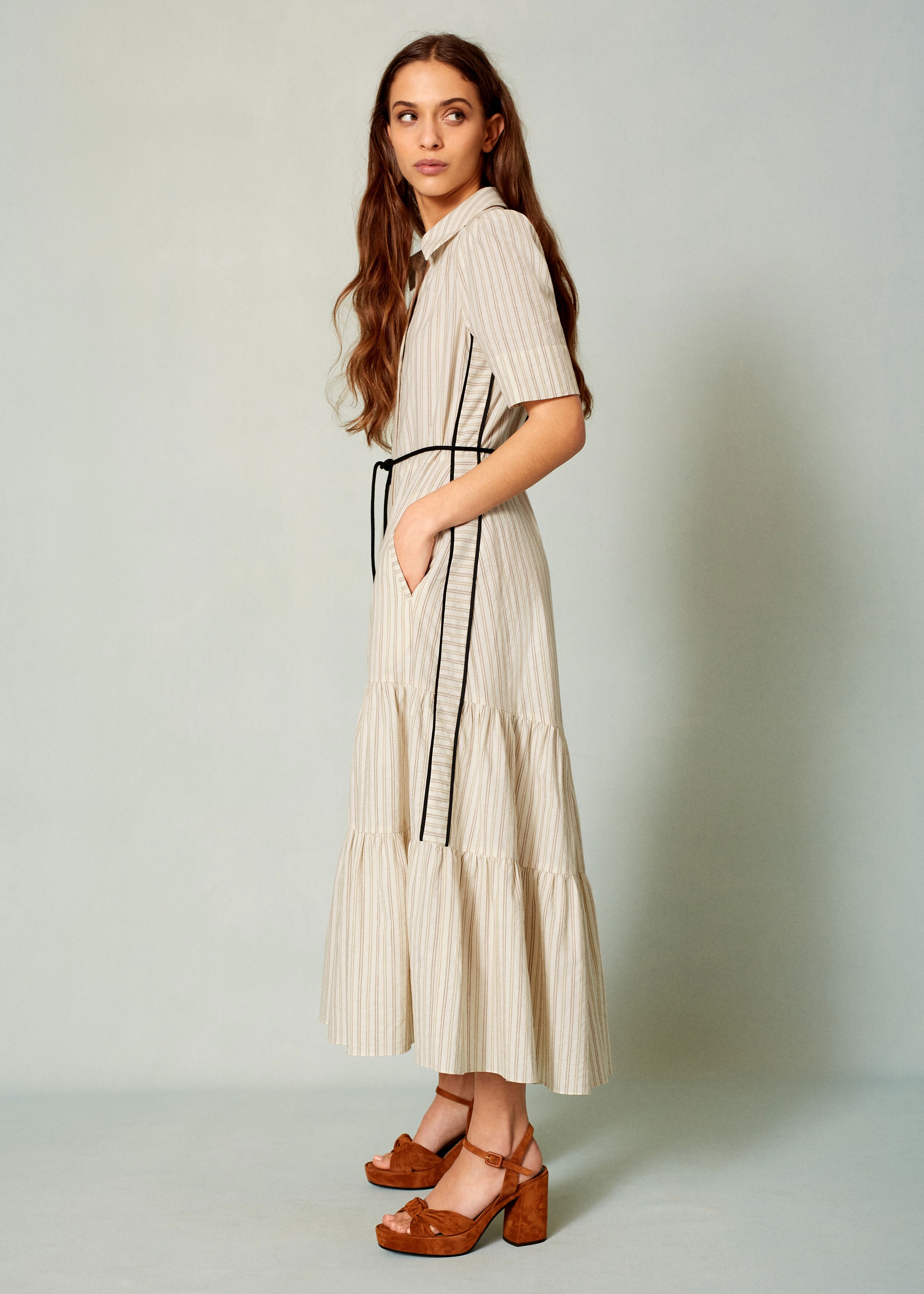 Cotton Summer Stripe Midi Dress Chalk/Tan/Black