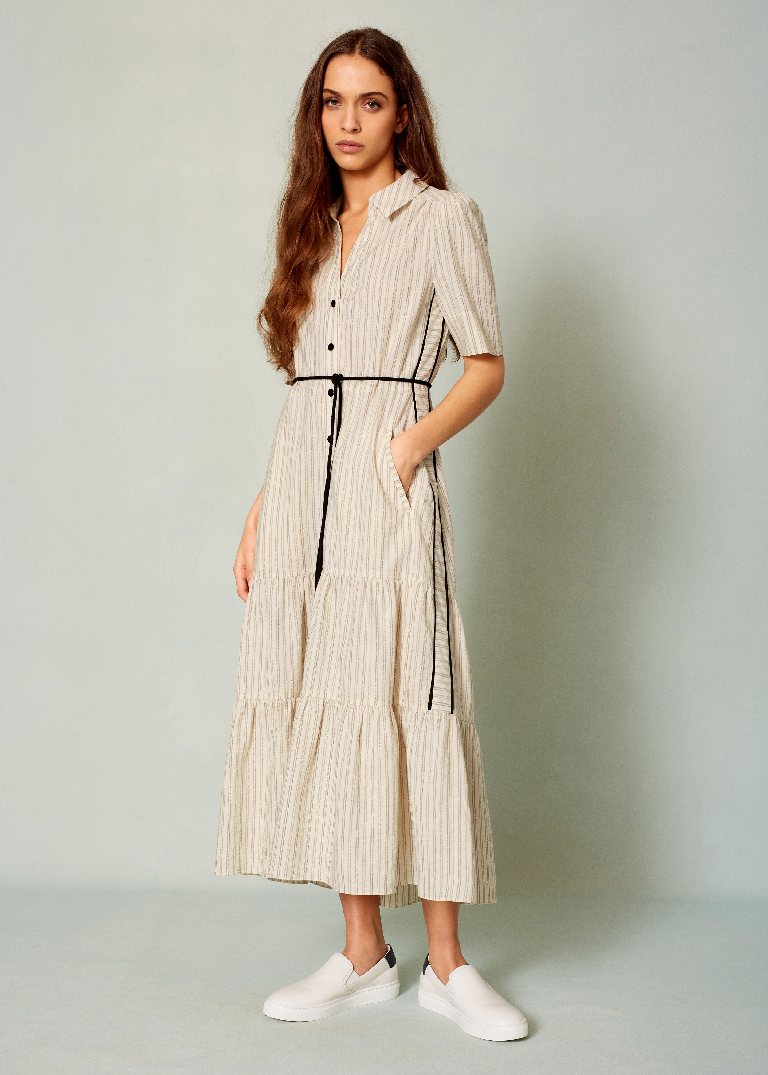 Cotton Summer Stripe Midi Dress Chalk/Tan/Black