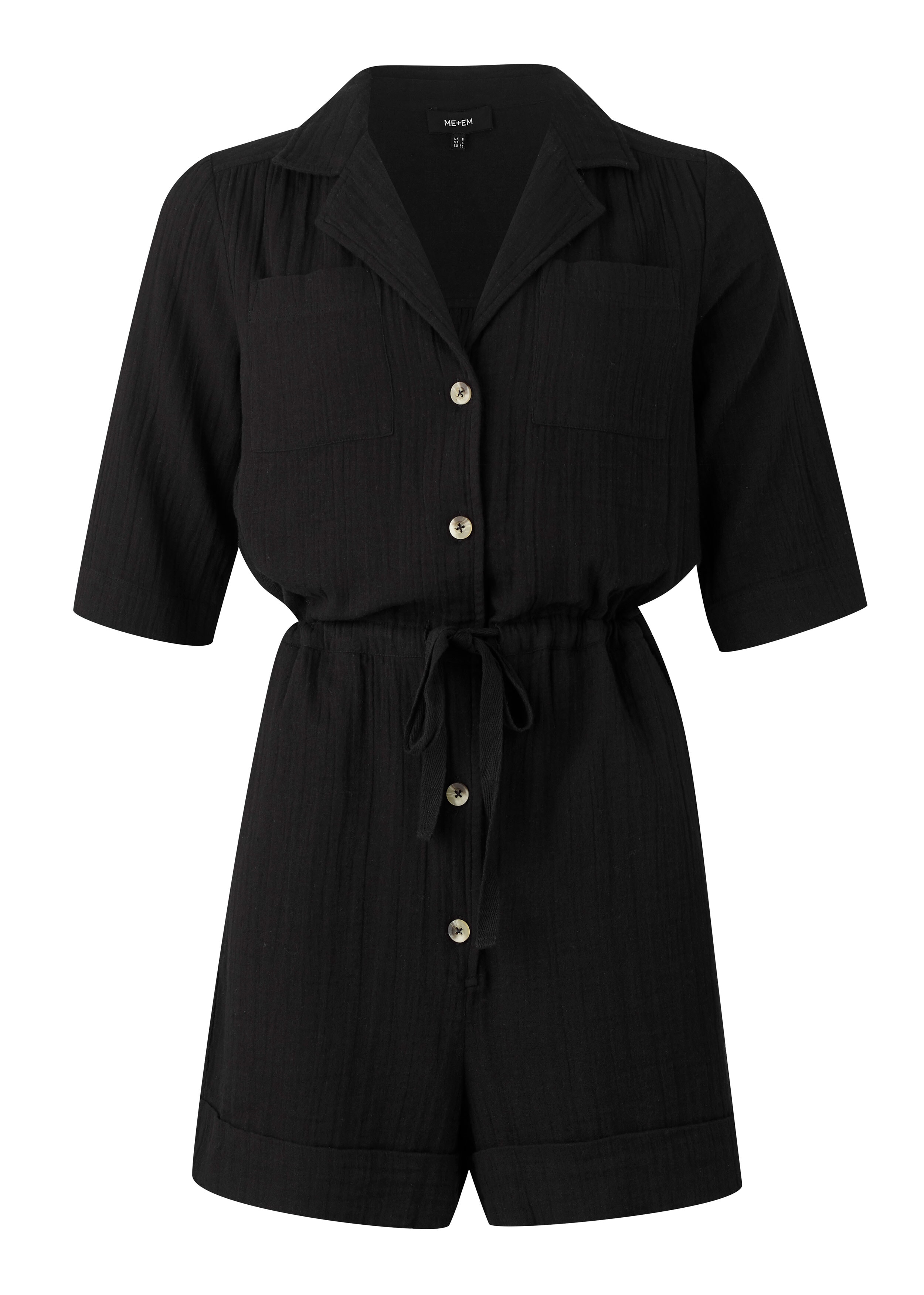 Cheesecloth Drawstring Playsuit Black