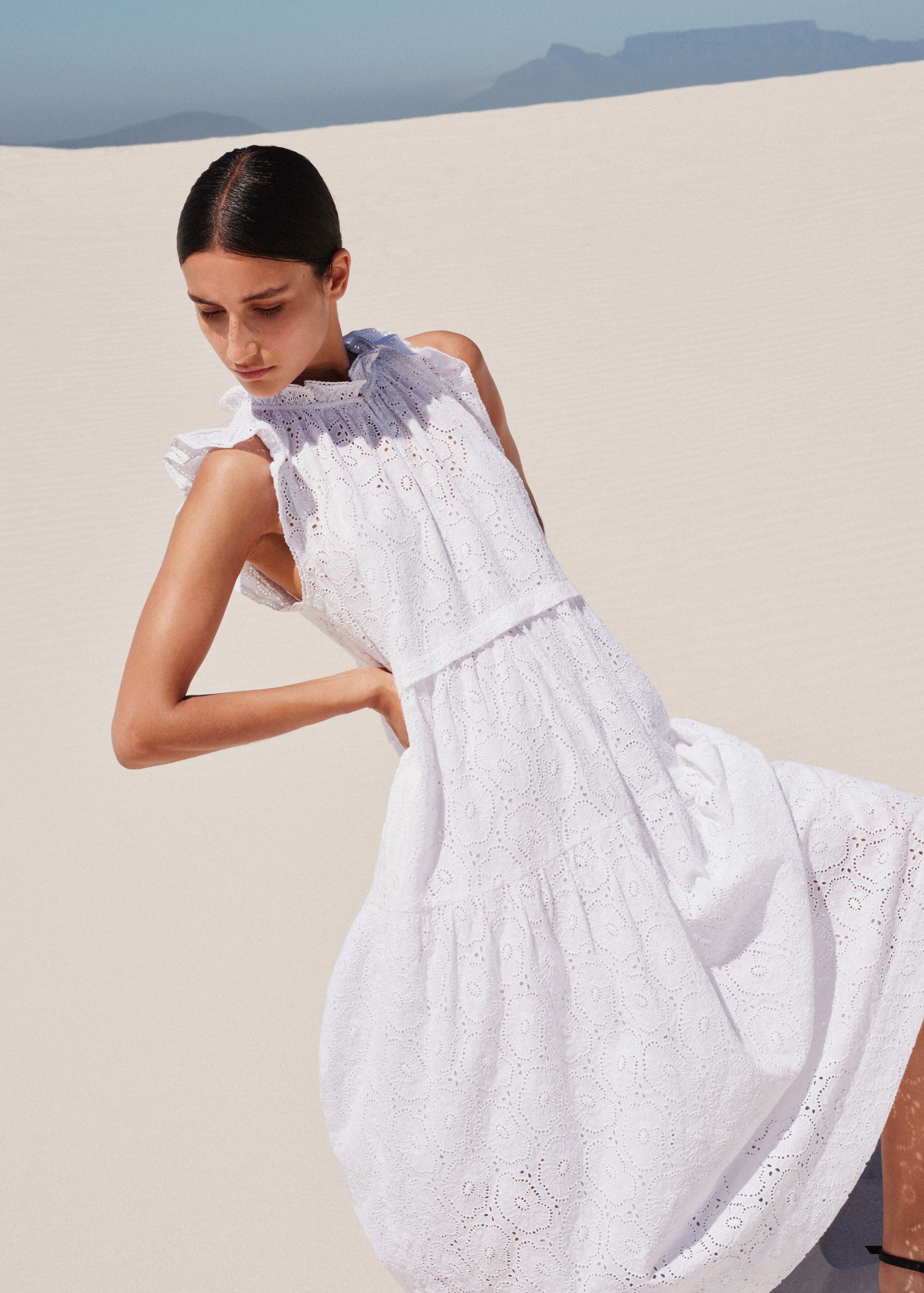 Broderie Halterneck Midi Dress + Slip Soft White