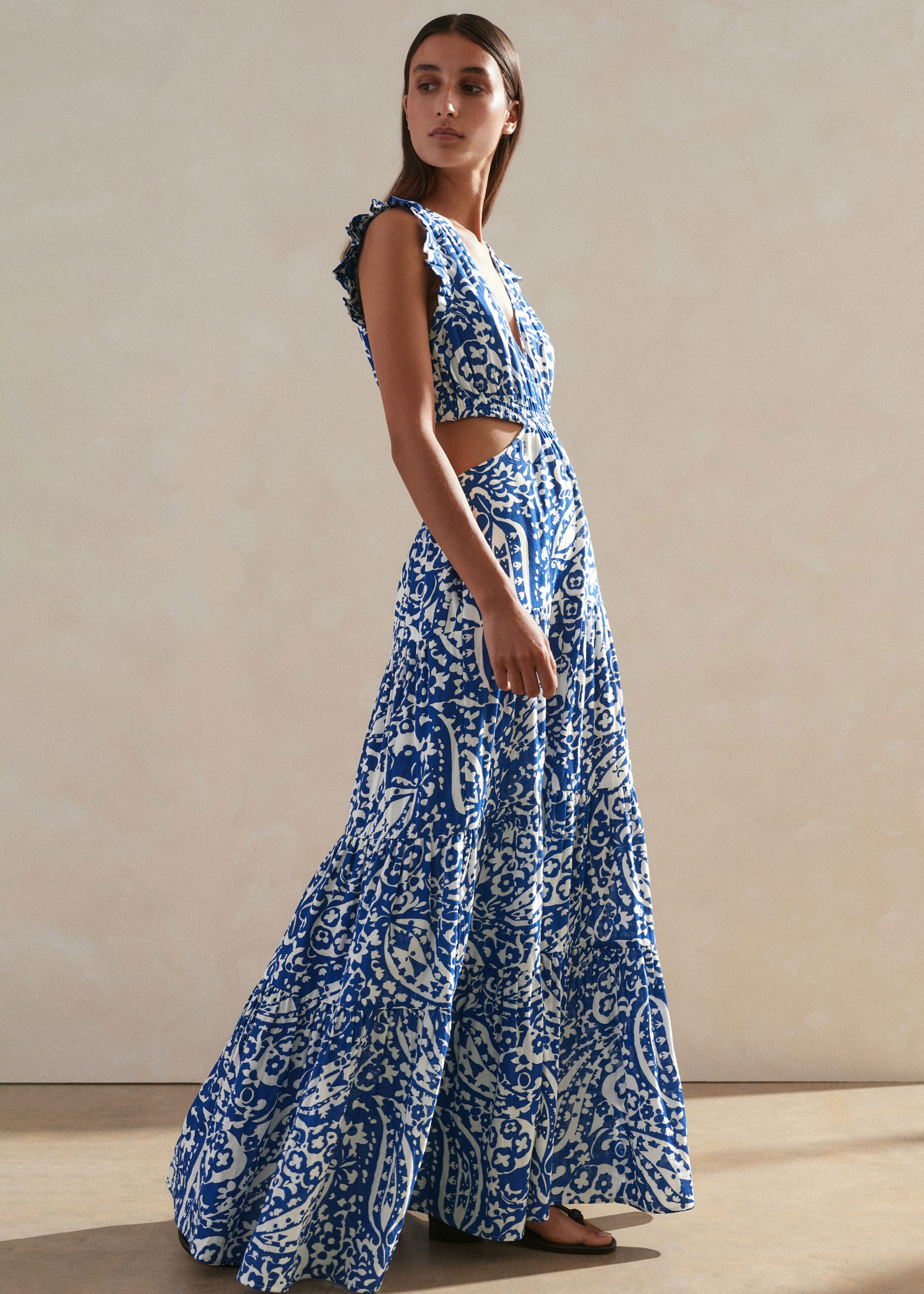 Bold Paisley Print Cheesecloth Cut-Out Maxi Dress