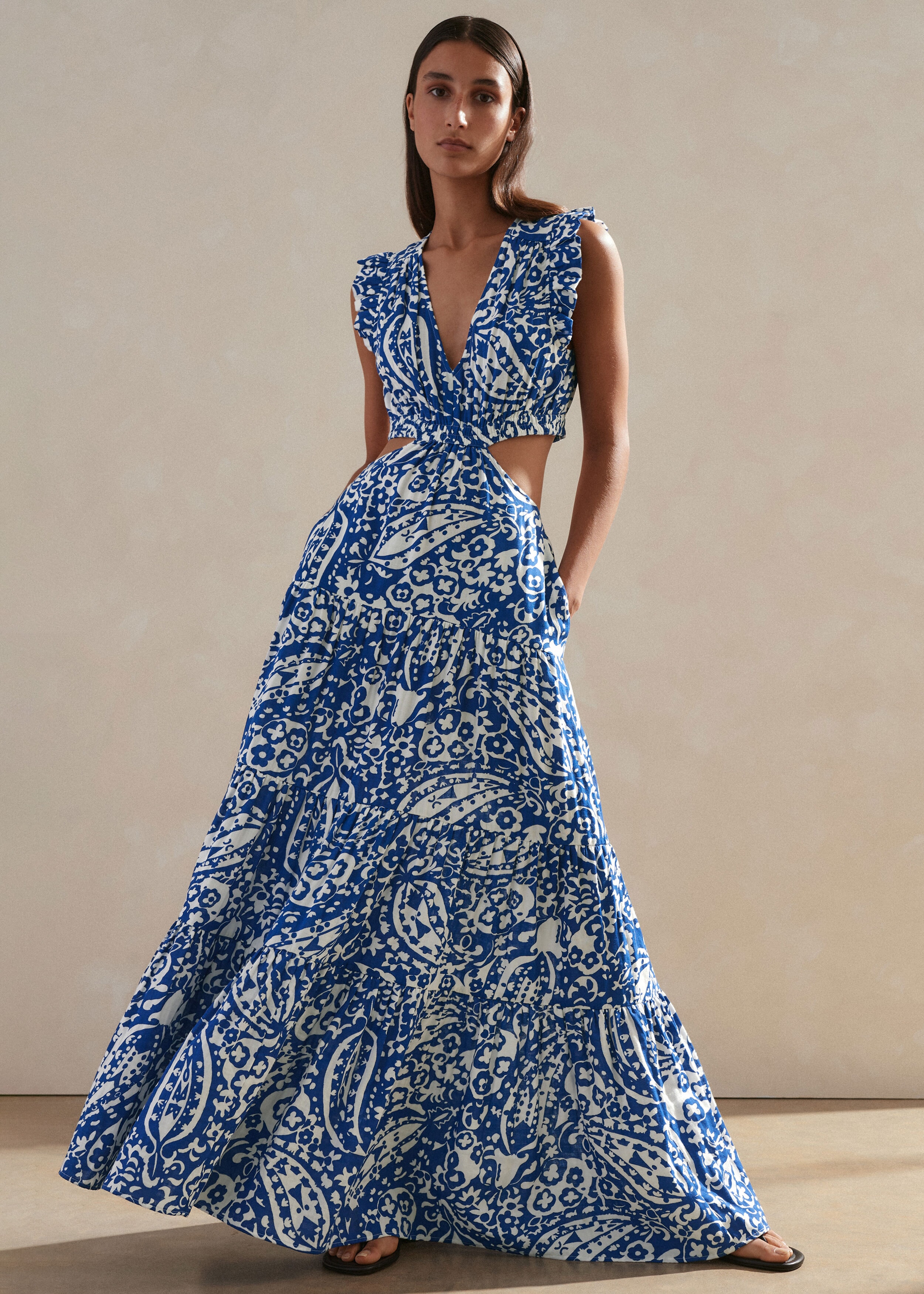 Bold Paisley Print Cheesecloth Cut-Out Maxi Dress