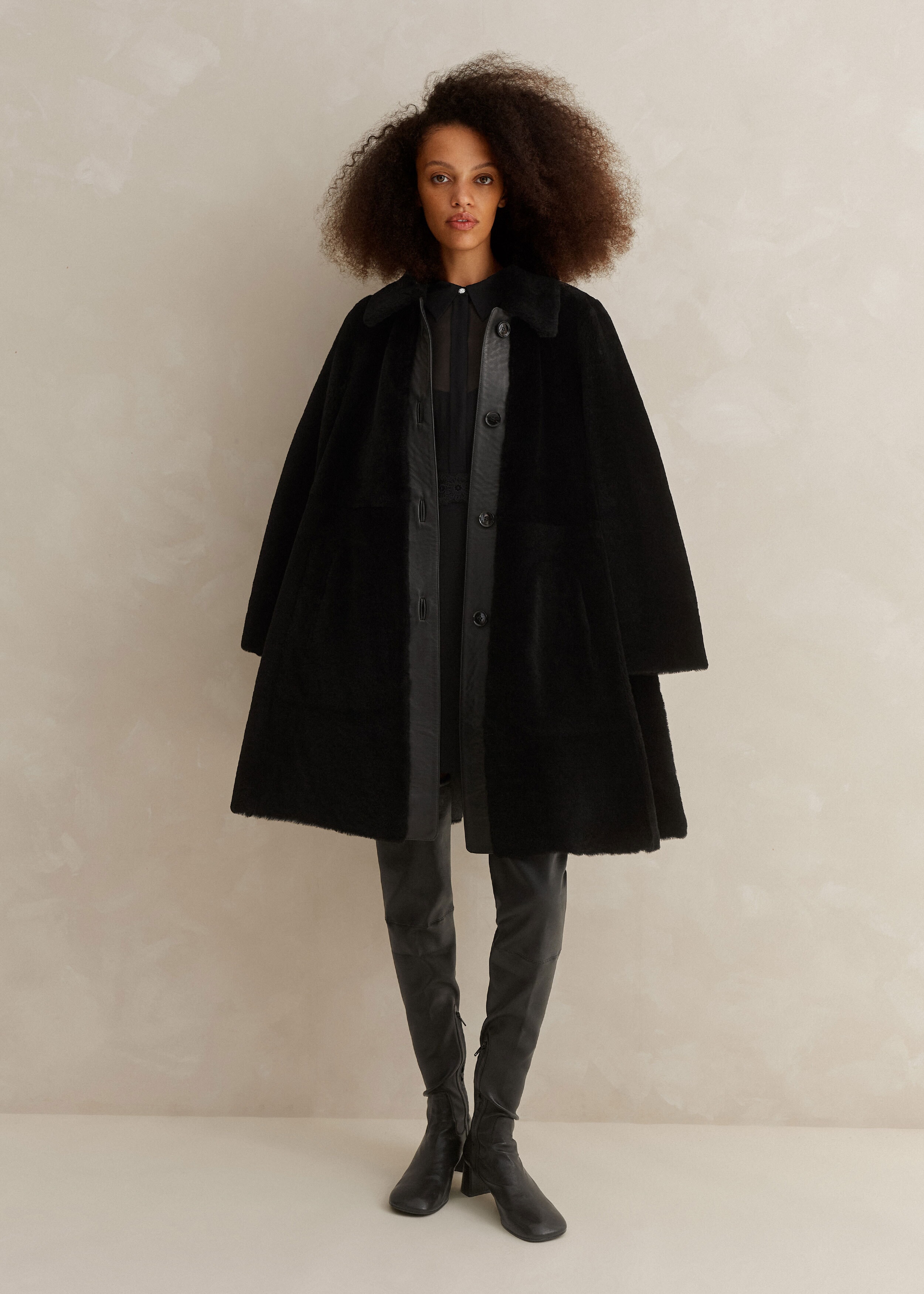 Luxe Shearling Leather Mix Swing Coat Black