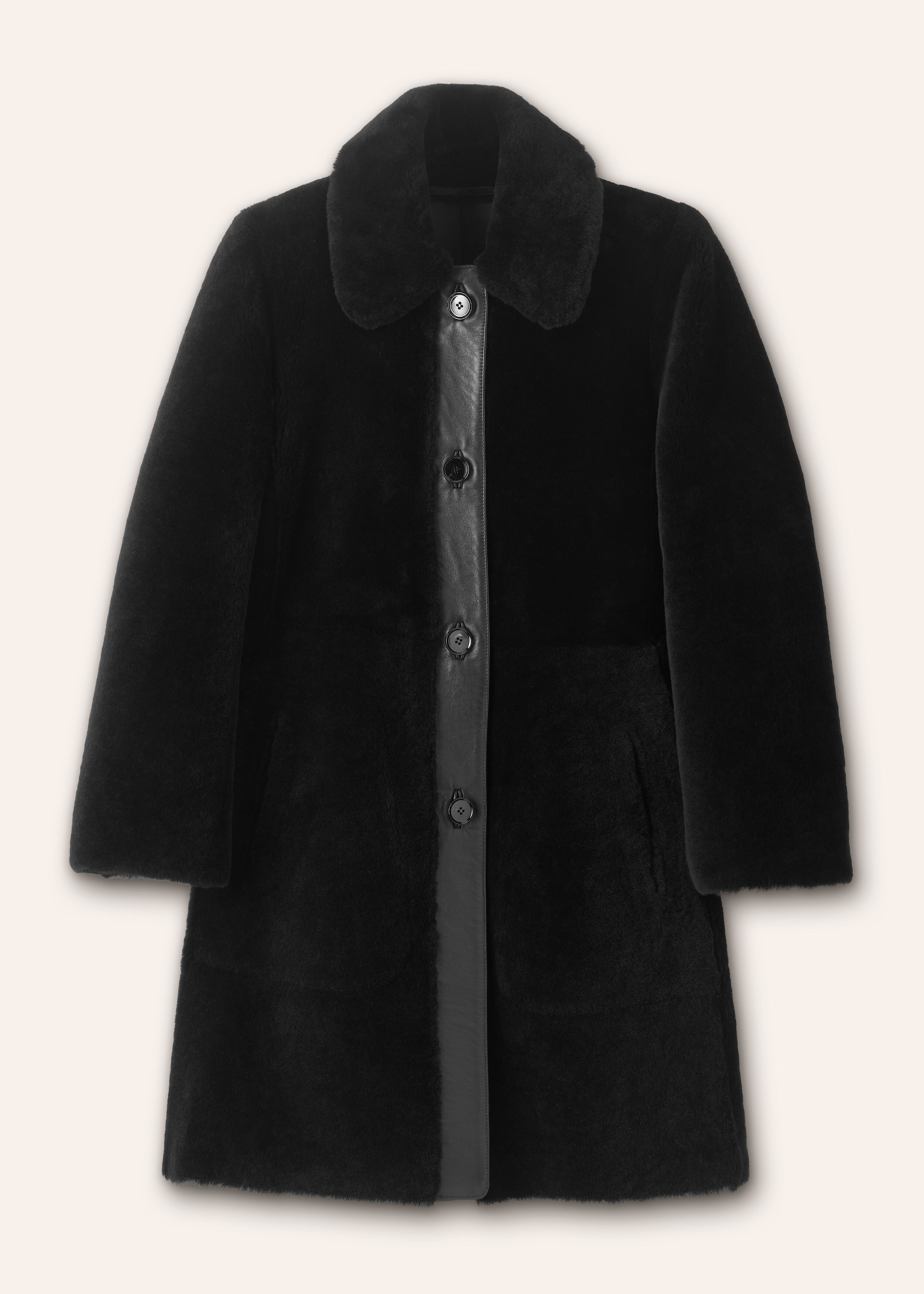 Luxe Shearling Leather Mix Swing Coat Black