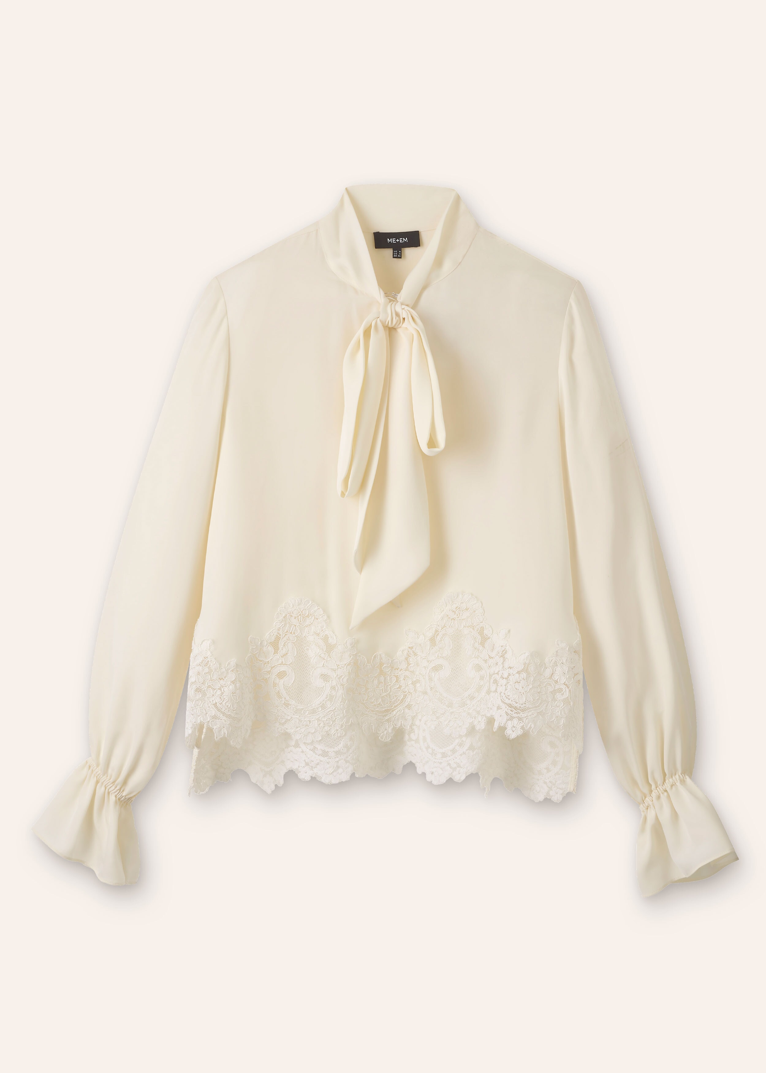 Silk + Lace Cropped Pussybow Blouse Light Cream