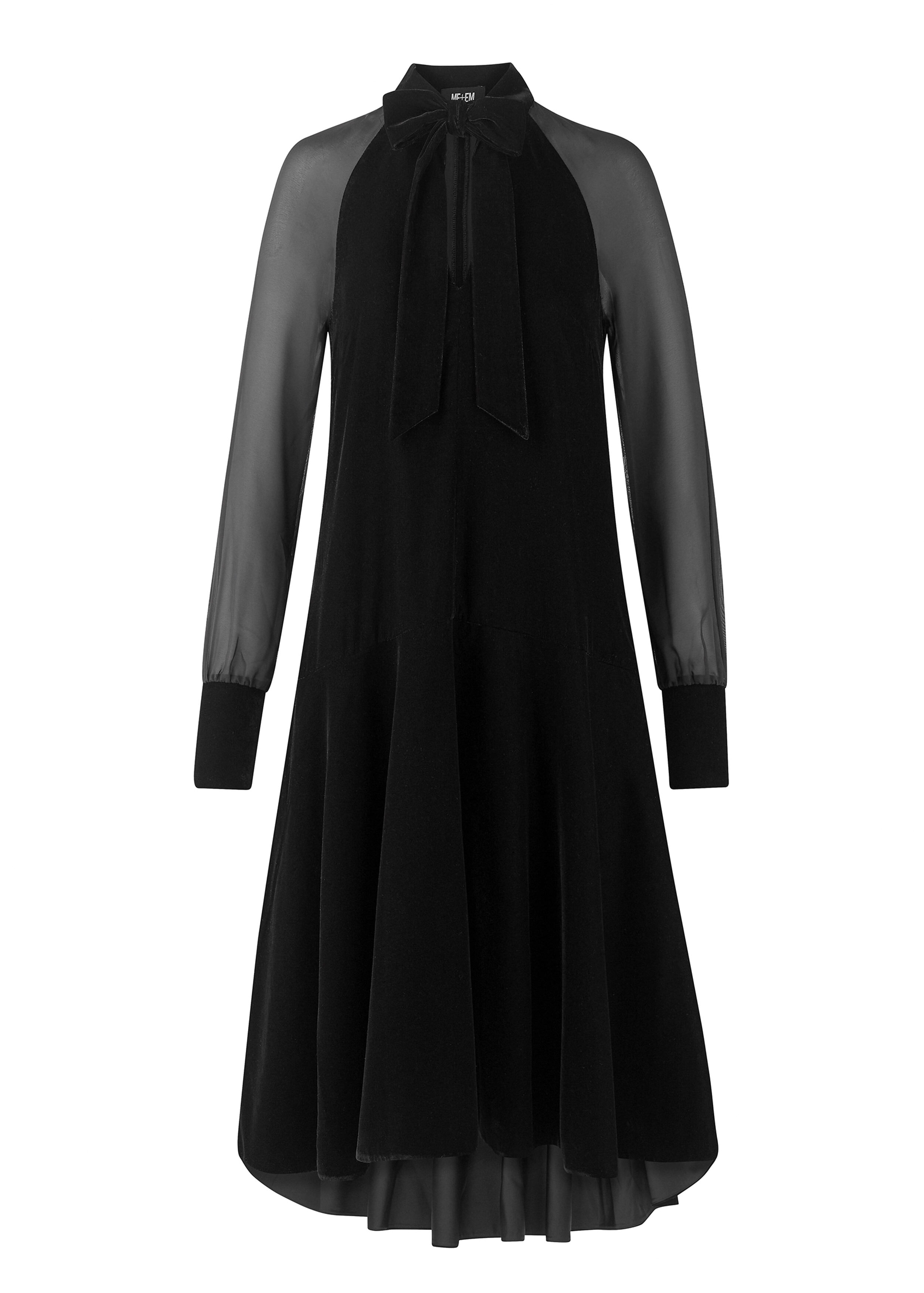 Sheer Sleeve Velvet Swing Dress Black