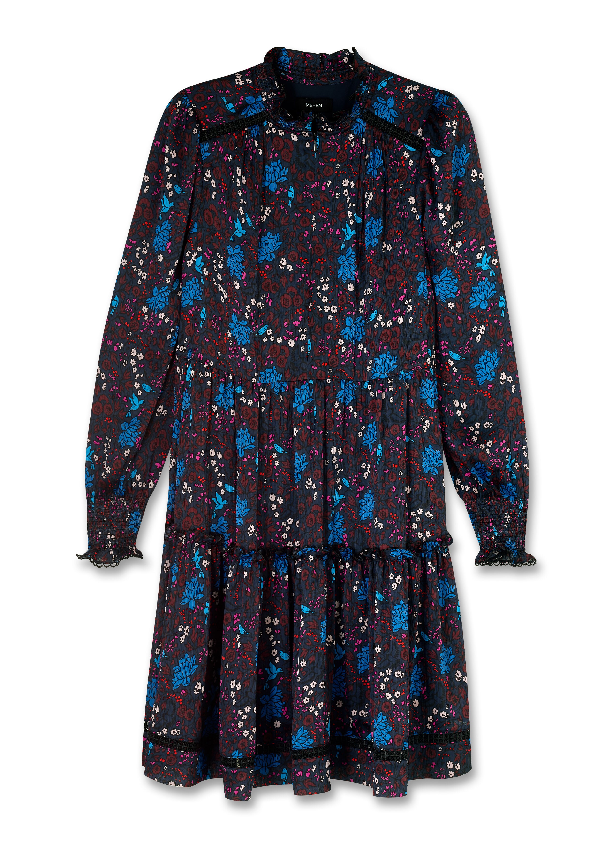 Vibrant Hummingbird Print Swing Dress + Belt Navy/Bright Blue/Burnt Orange