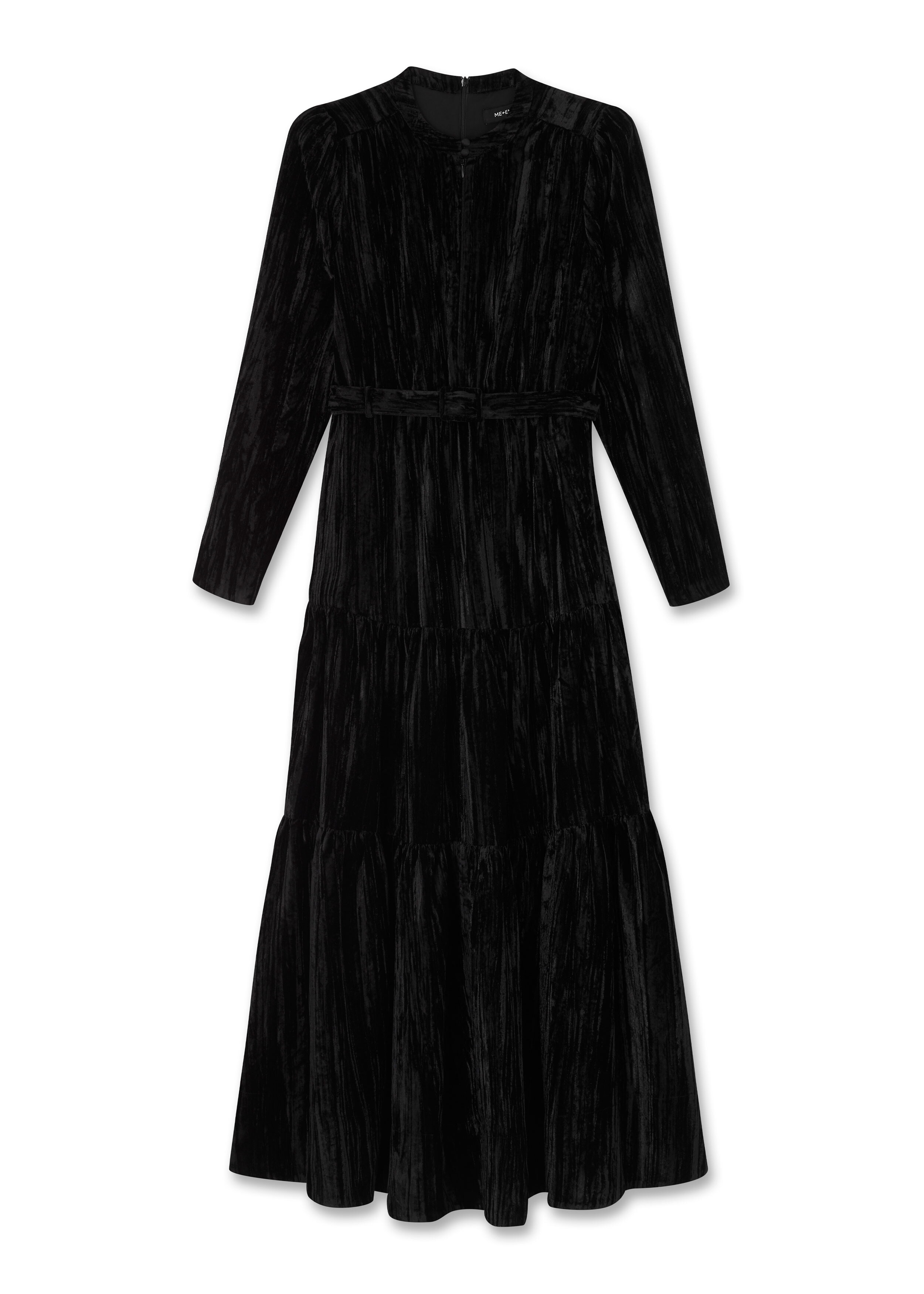 Crushed Velvet Tiered Maxi Dress + Belt Black