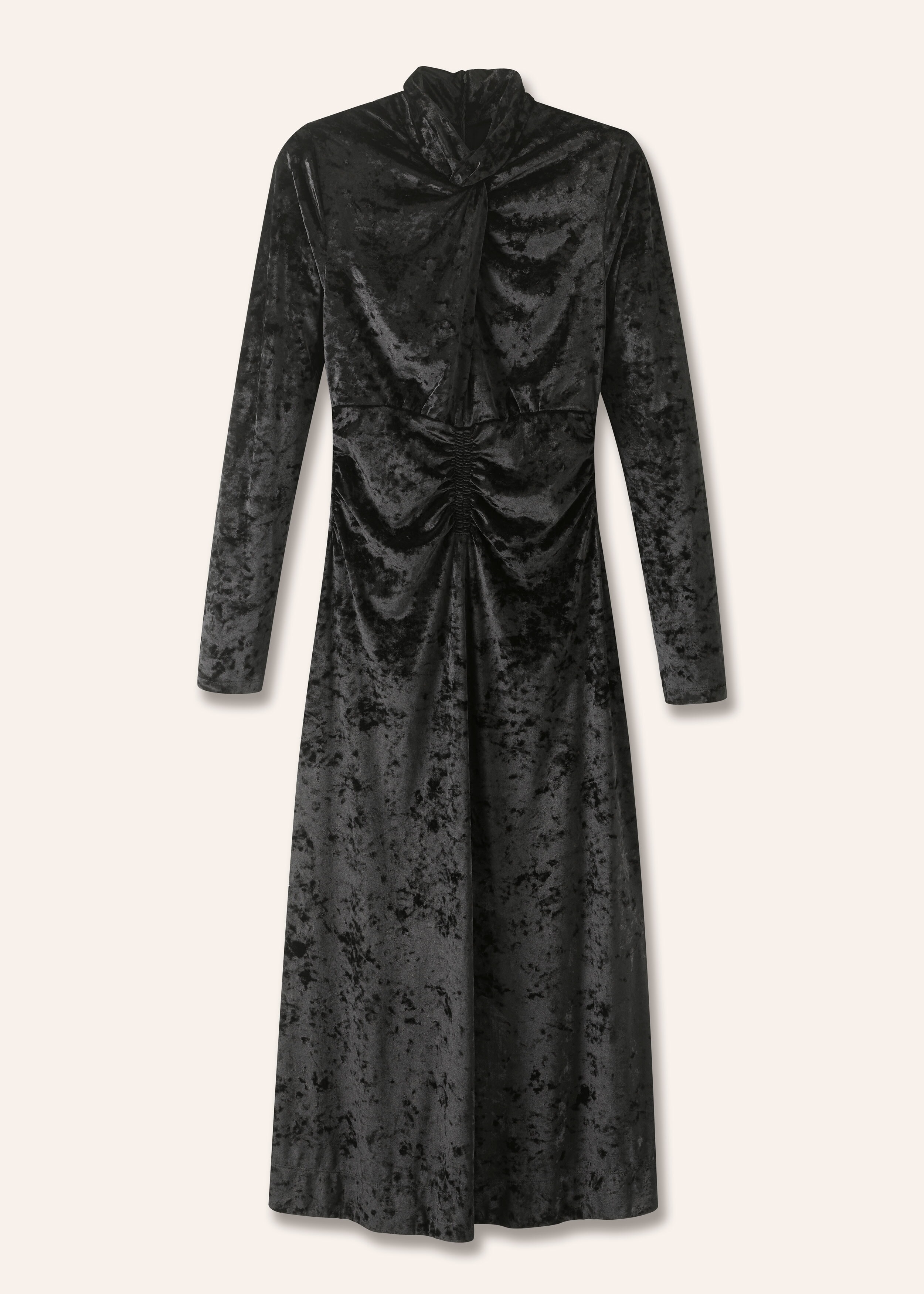 Crushed Stretch Velvet Fit and Flare Maxi Dress Black