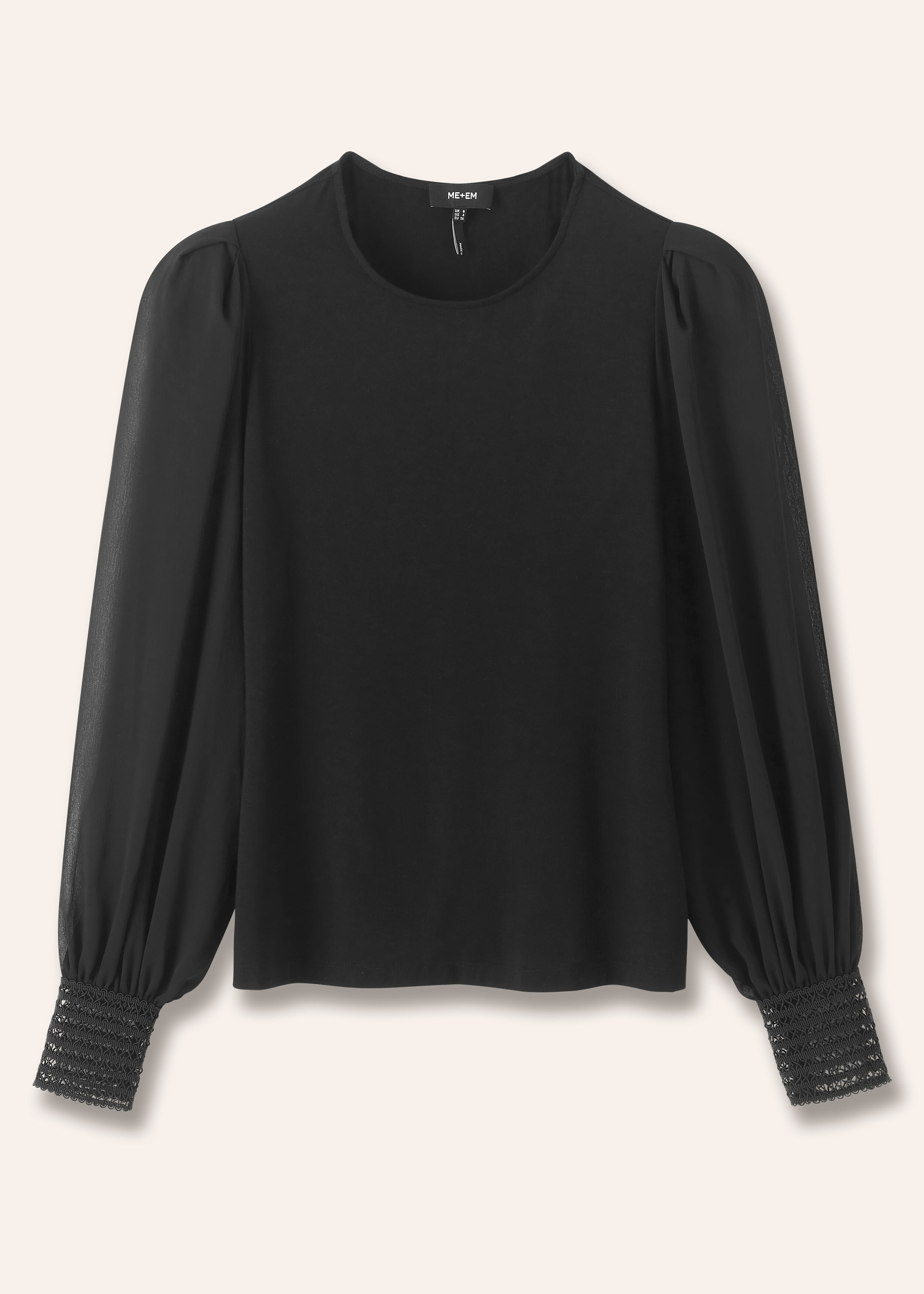 Sheer Sleeve Crew Neck Layering Top Black