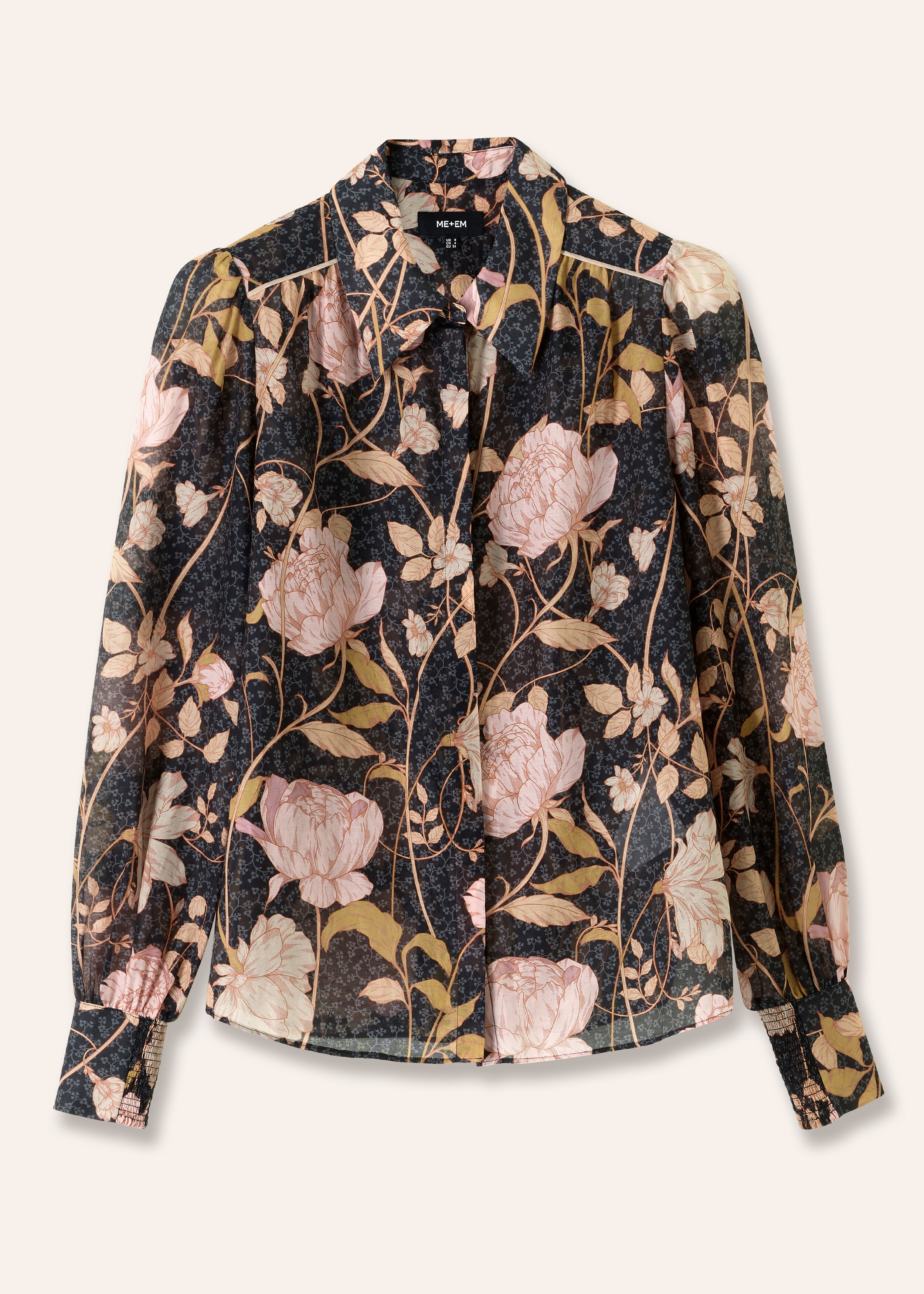 Silk Cotton Romantic Rose Print Shirt Black/Pink/Yellow