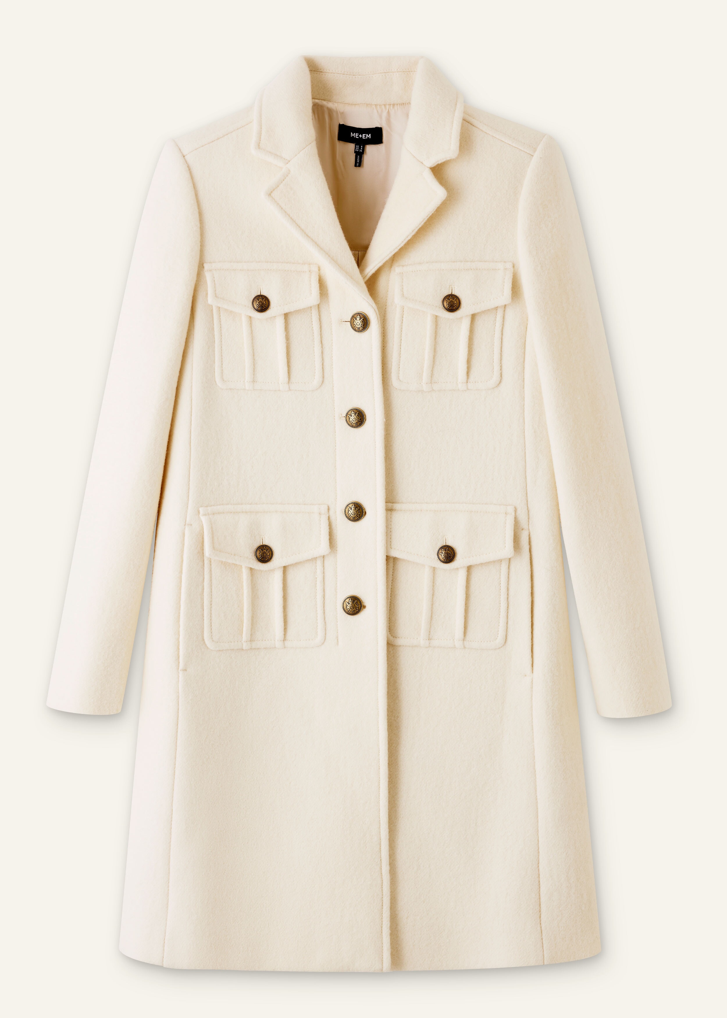 Wool-Blend Military A-Line Coat Ivory