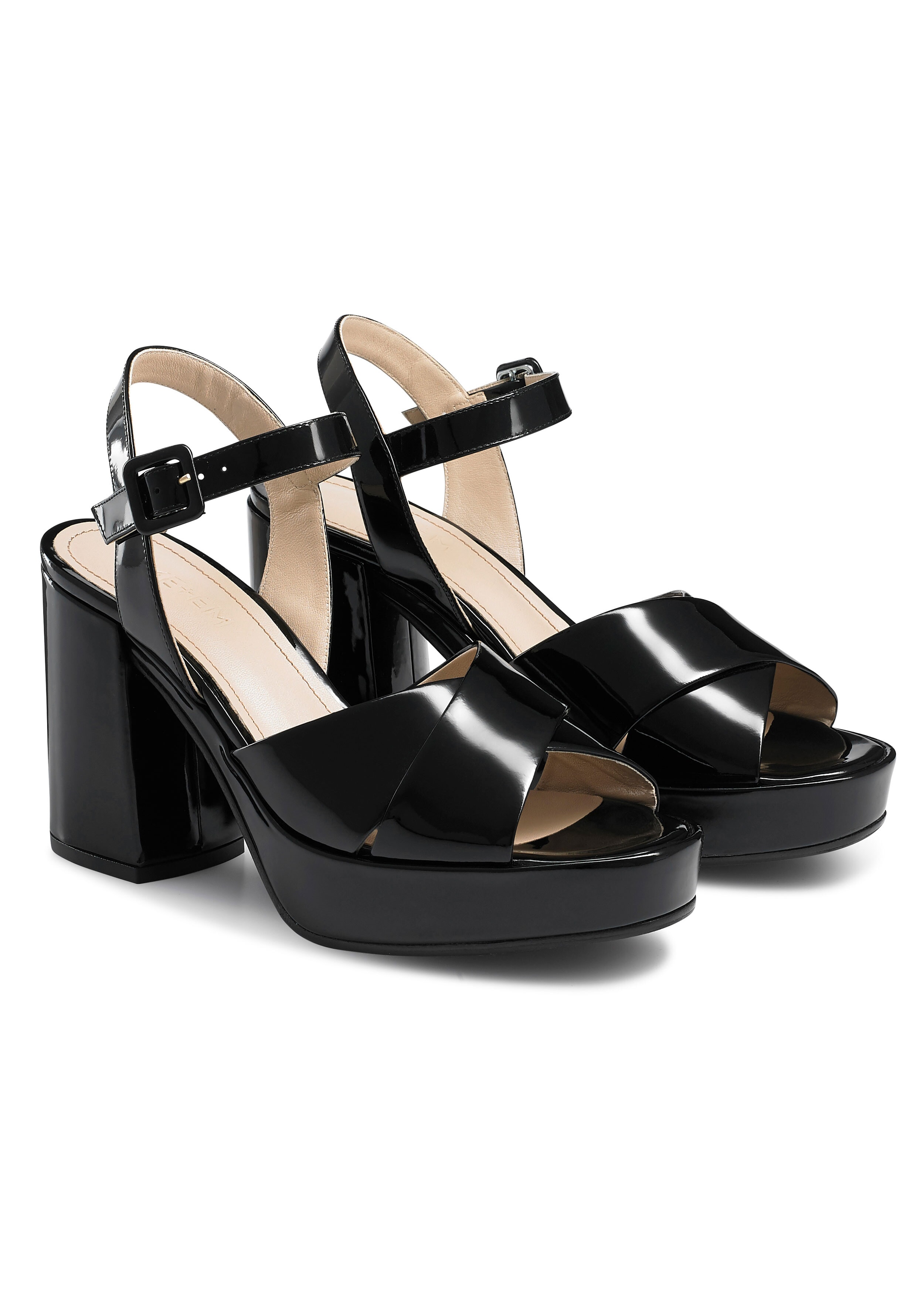 Patent Crossover Block Heel Sandal Black