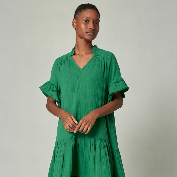 Cheesecloth Shirring Detail Swing Dress Orchid Green
